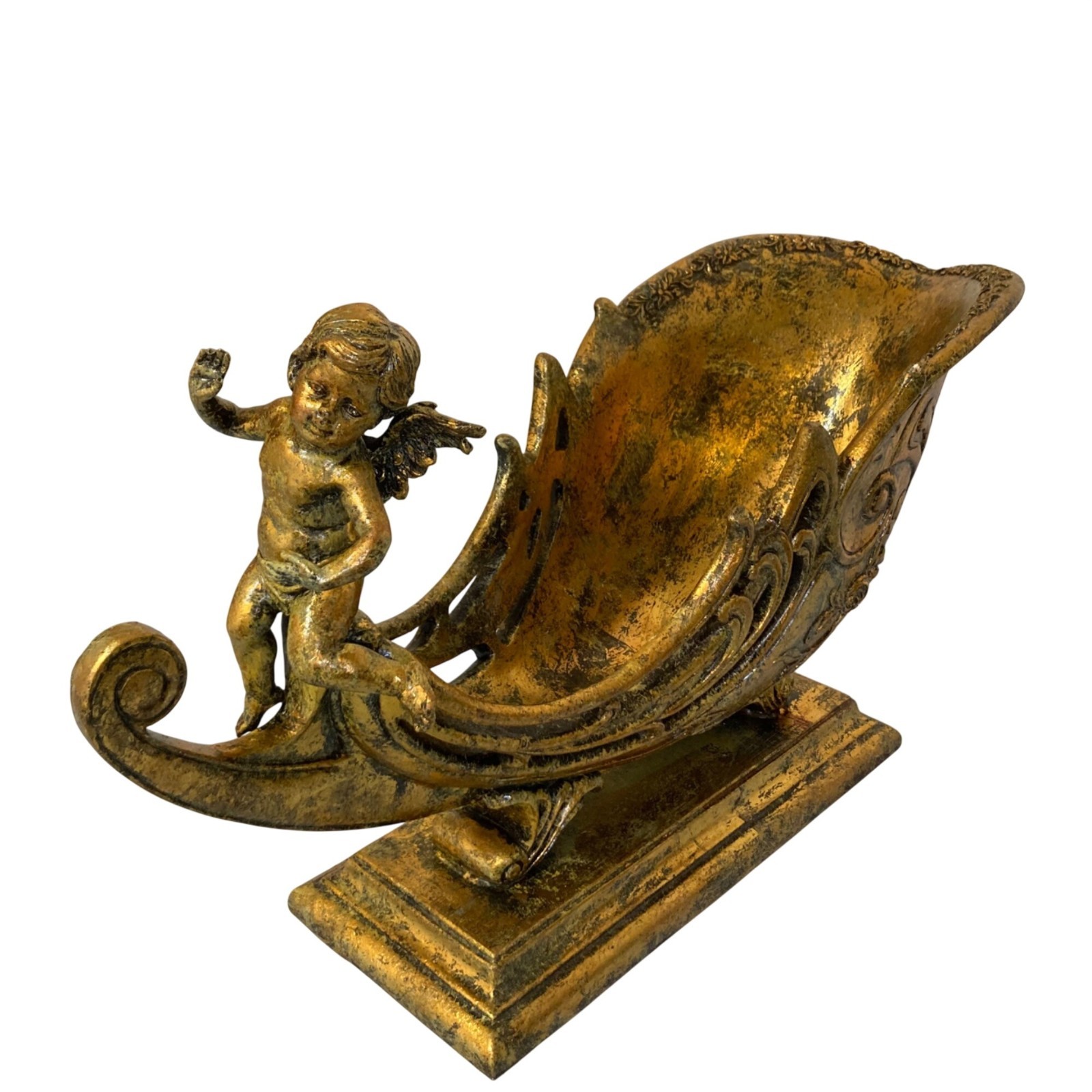 Retired Large Mark Roberts Gold Cherub Decorative Sleigh Bowl