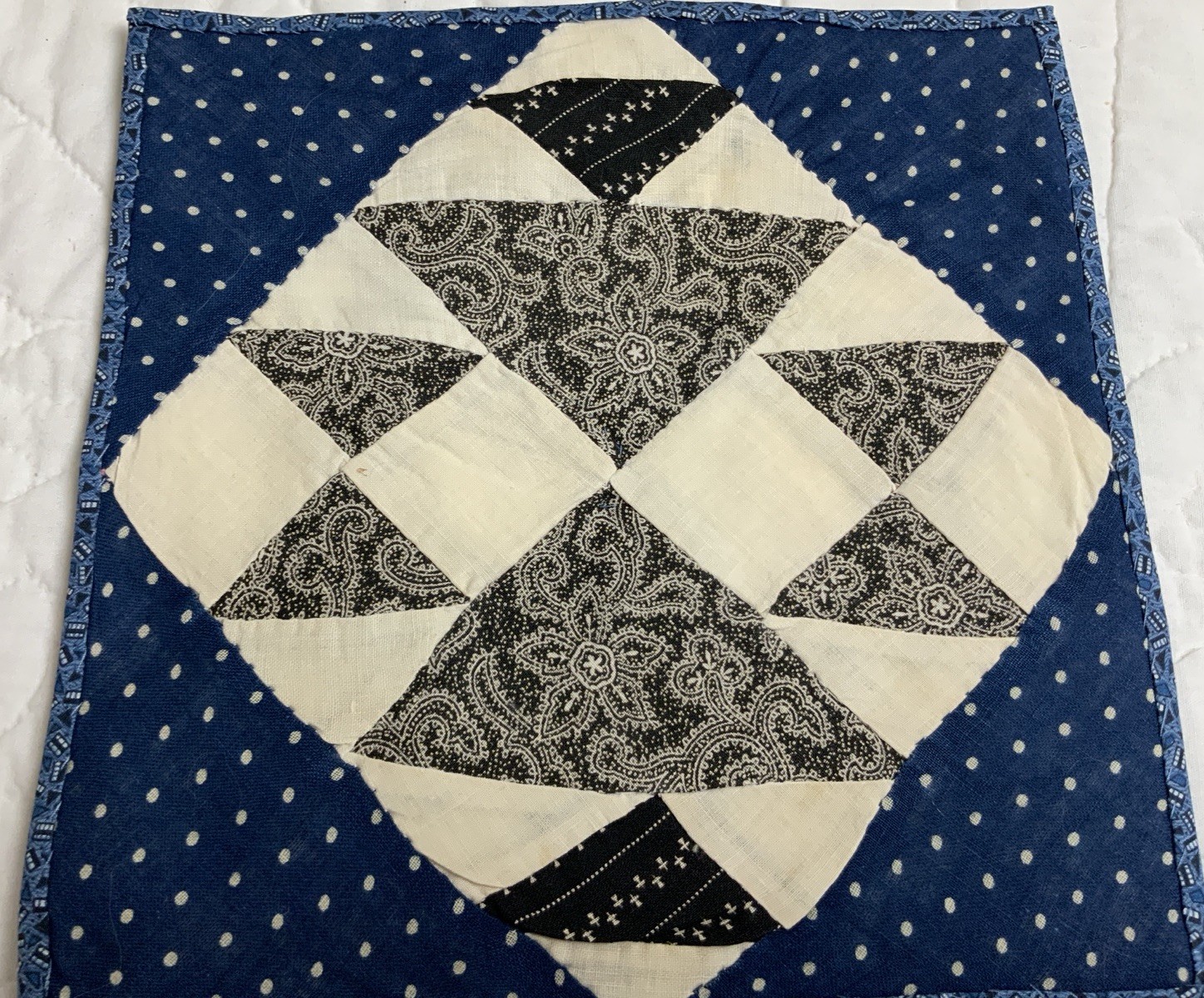 Antique Patchwork Quilt Table Topper, Four Patch W/ Triangles, Navy & Black