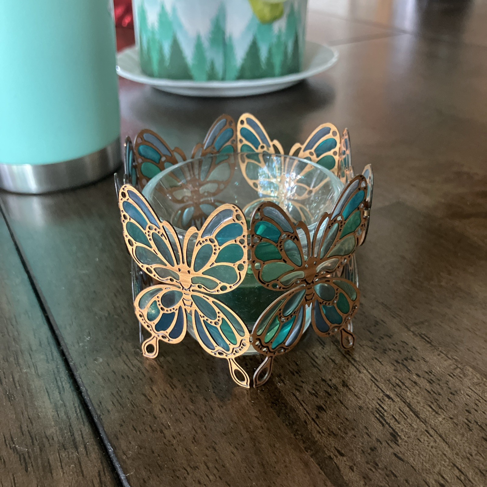 PARTYLITE P7734 Blue Coppery BUTTERFLY Votive Candle Holder Stain Glass style