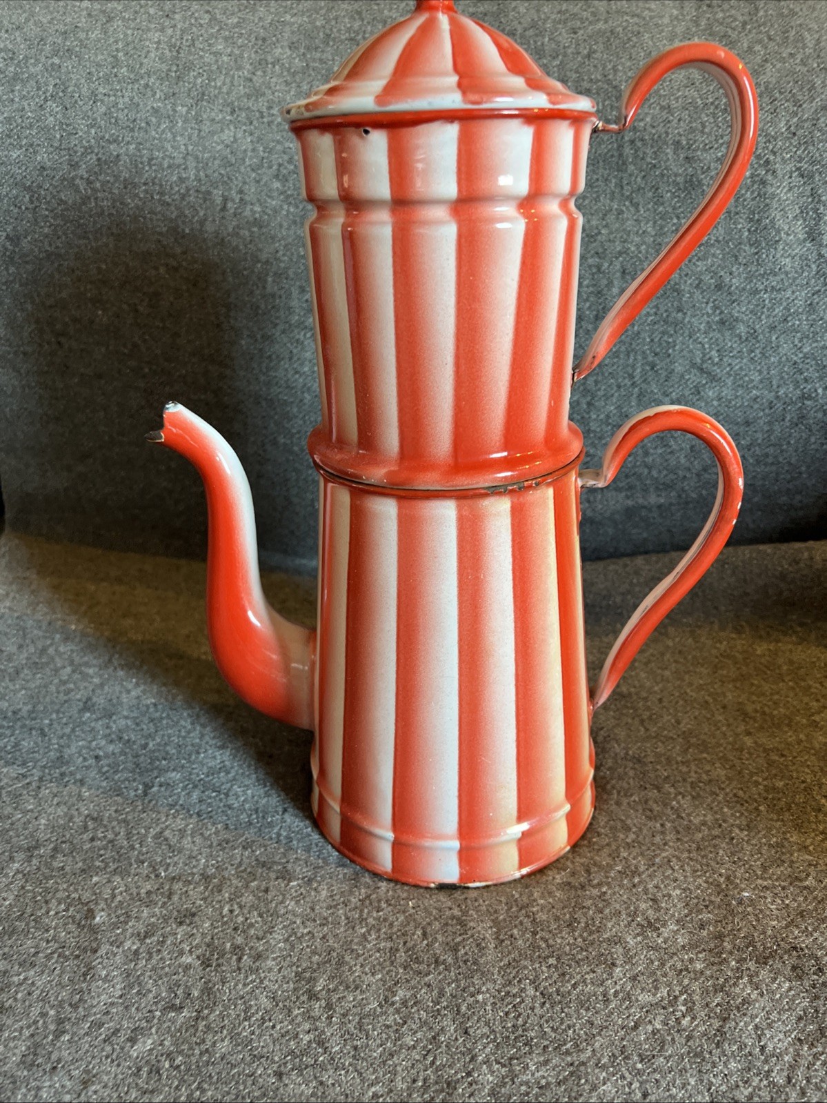 PASTEL RED AND WHITE STIPE COFFEE BIGGIN, CAFETIERRE, FRENCH ENAMELWARE.