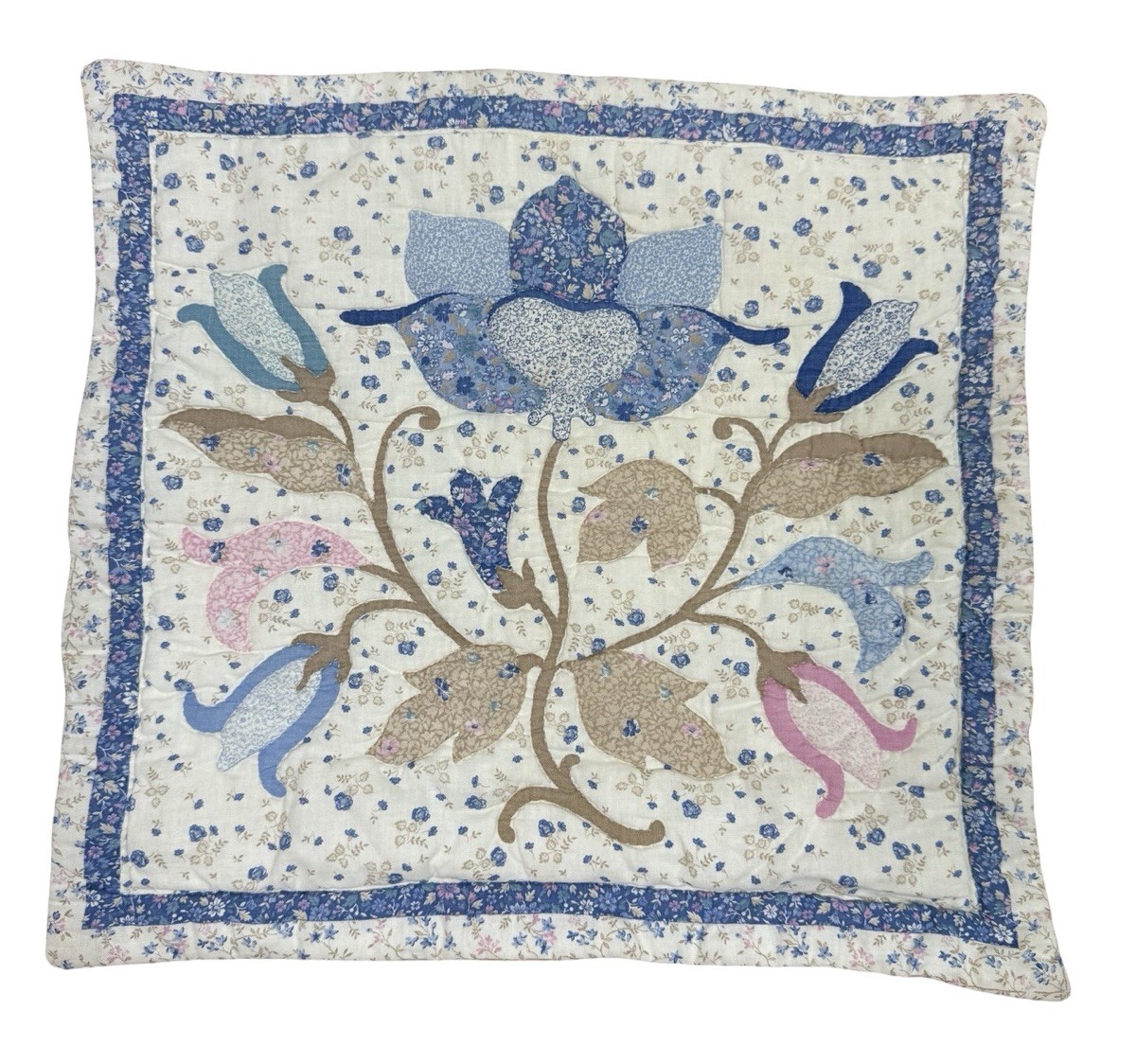 Vintage Floral Applique Quilted Throw Pillow Case Sham Cottagecore Handmade