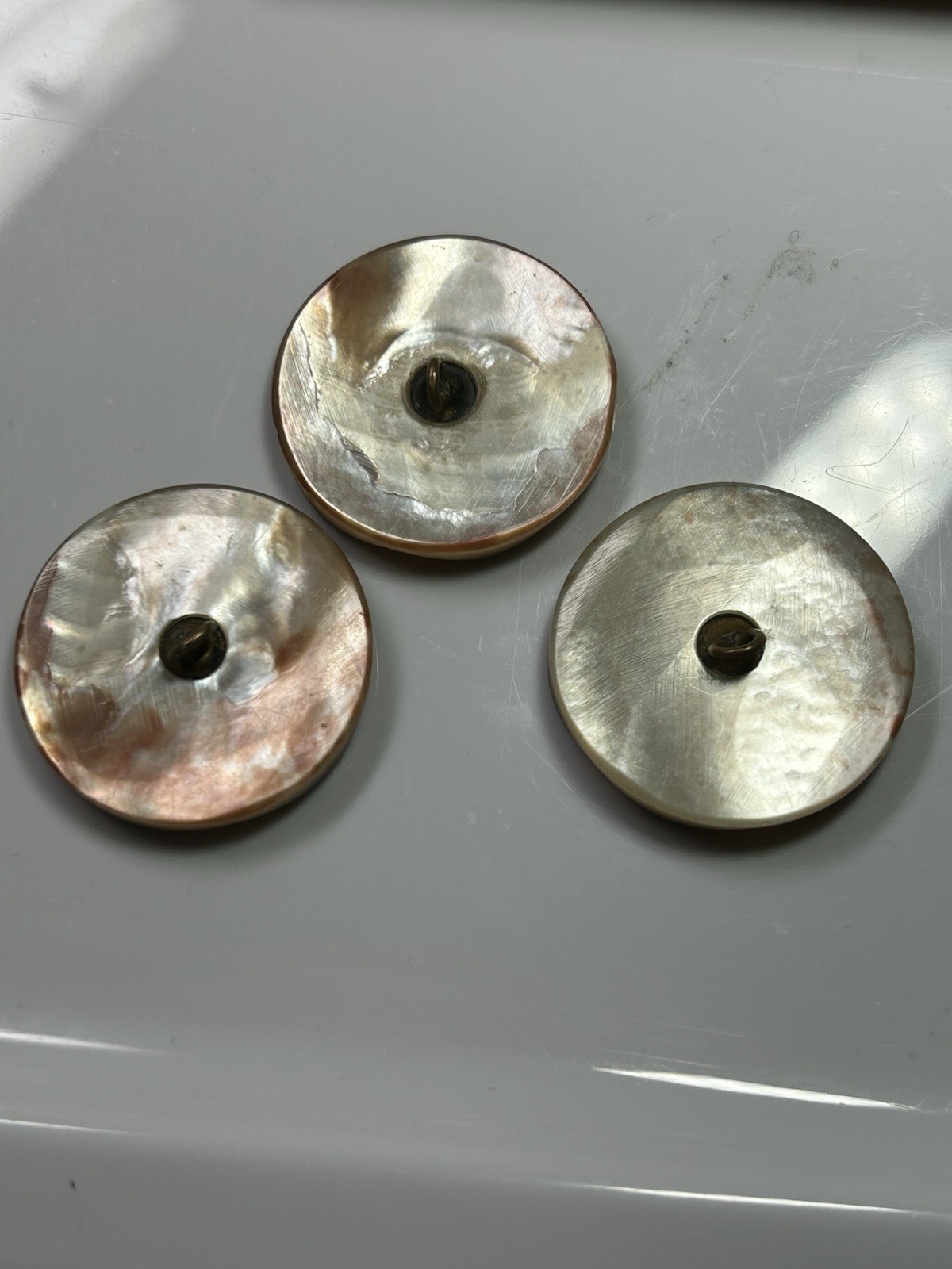 Button 8 Brown gray iridescent round 6-1 3/8 in 2-1 1/8 in VTG