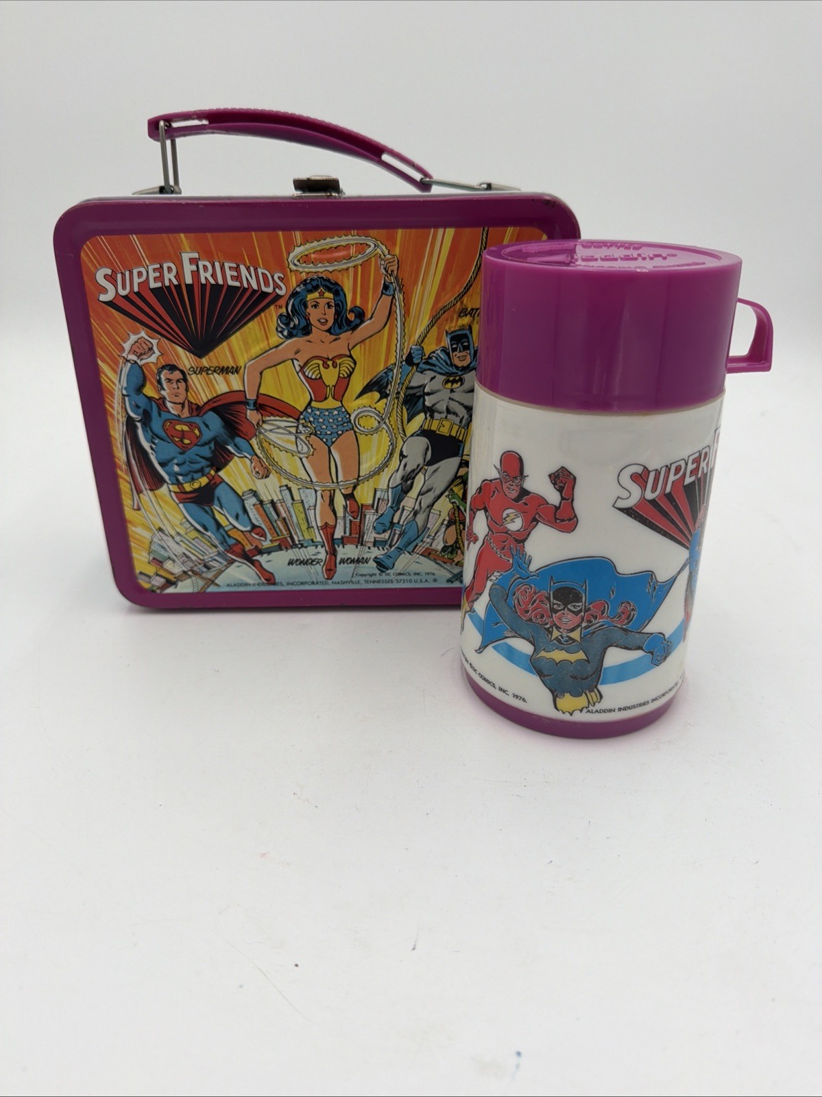 Super Friends Metal Lunchbox with Complete Thermos 1976 1970s Metal DC Comics