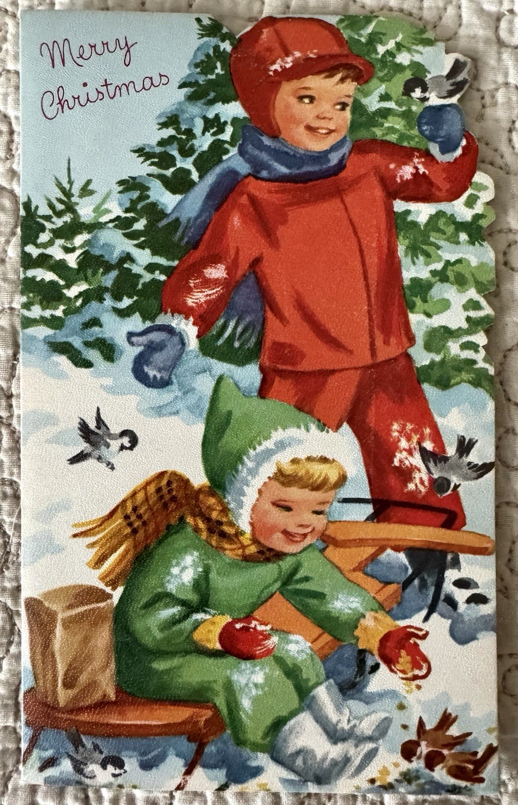 Unused Christmas Boy Girl Feed Birds Vtg Greeting Card 1950s 1960s Sunshine