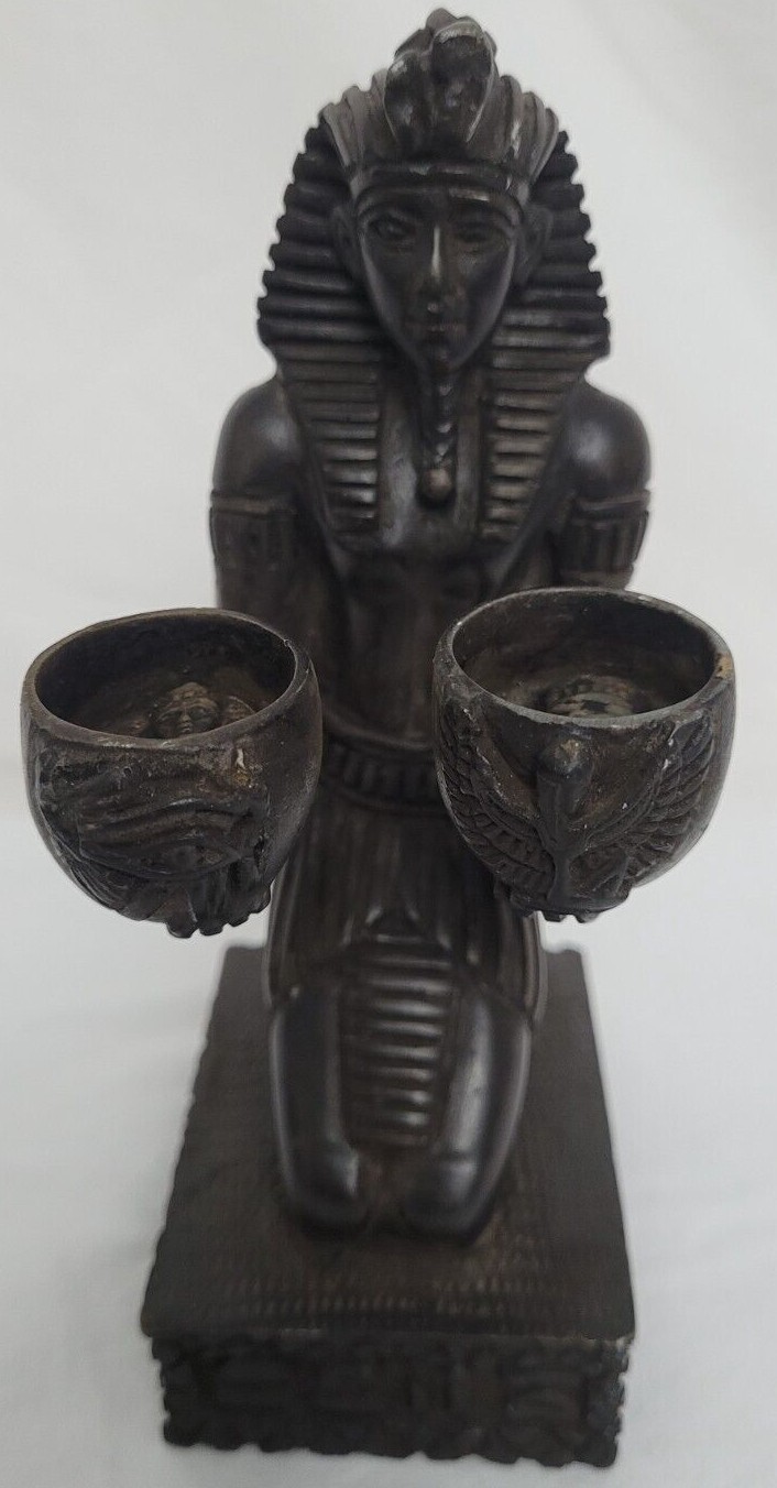 Egyptian King Tutu Cast Iron Candle Holder w/Tiny Bust Sculpture Insert 6.5×2″