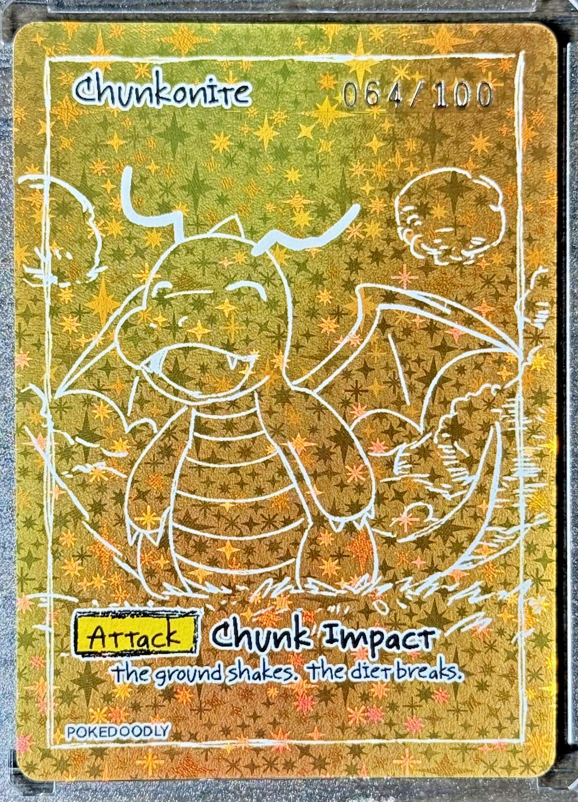 Pokedoodly Dragonite 64/100 Gold Starburst Holofoil Chunkonite Chunk Impact