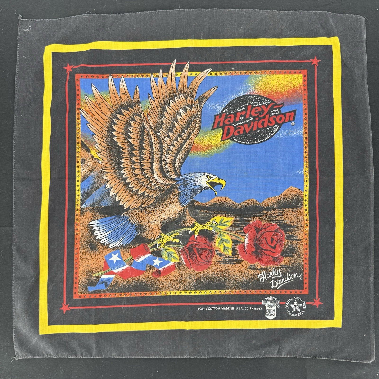 Vintage Harley Davidson Eagle Roses Bandana USA Made Black RN16463 Biker Rare