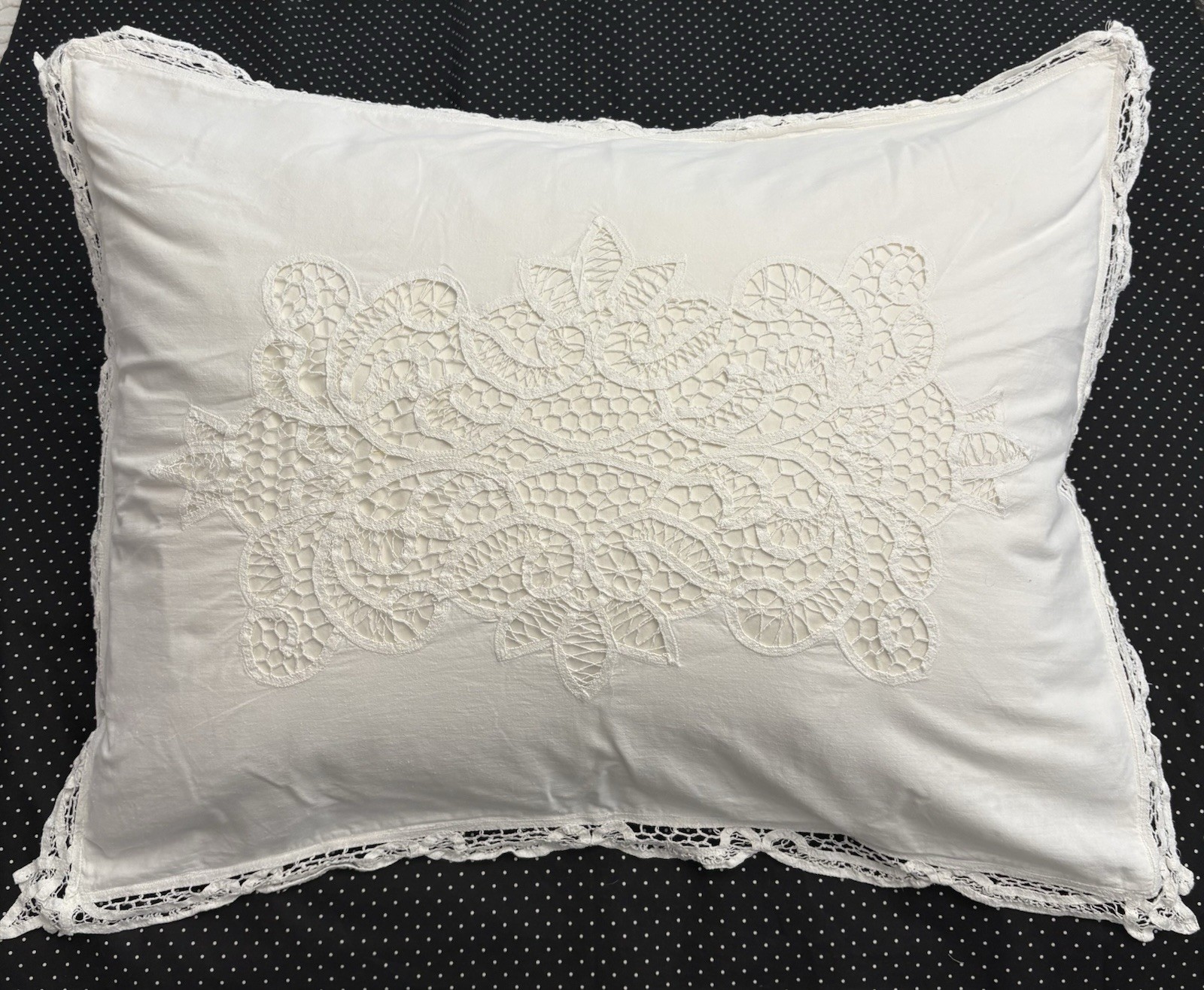 Vintage Battenburg Lace Pillow Sham Cover White Standard Cotton Cottage Chic