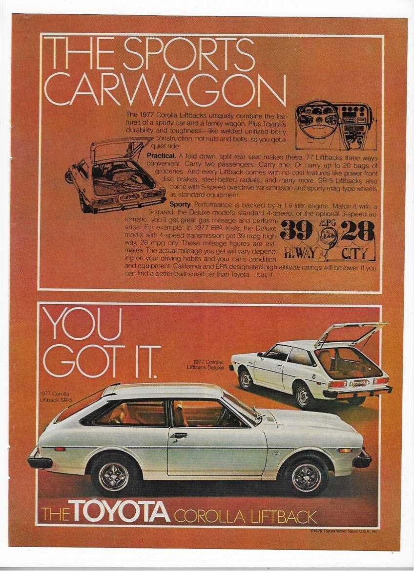1977 Toyota Corolla Liftback Car & American Gas Association Vintage Print Ads