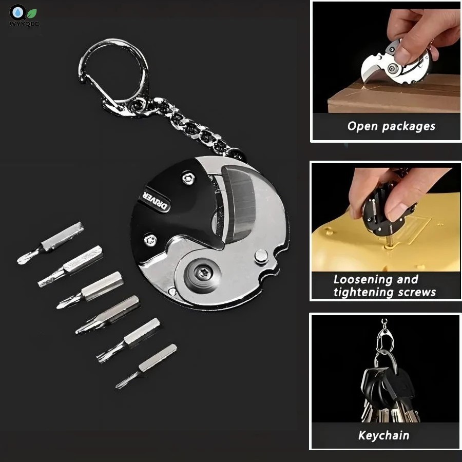 Mini EDC Folding Utility Knife Screwdriver Bit Set Keychain Multi Repair Tool