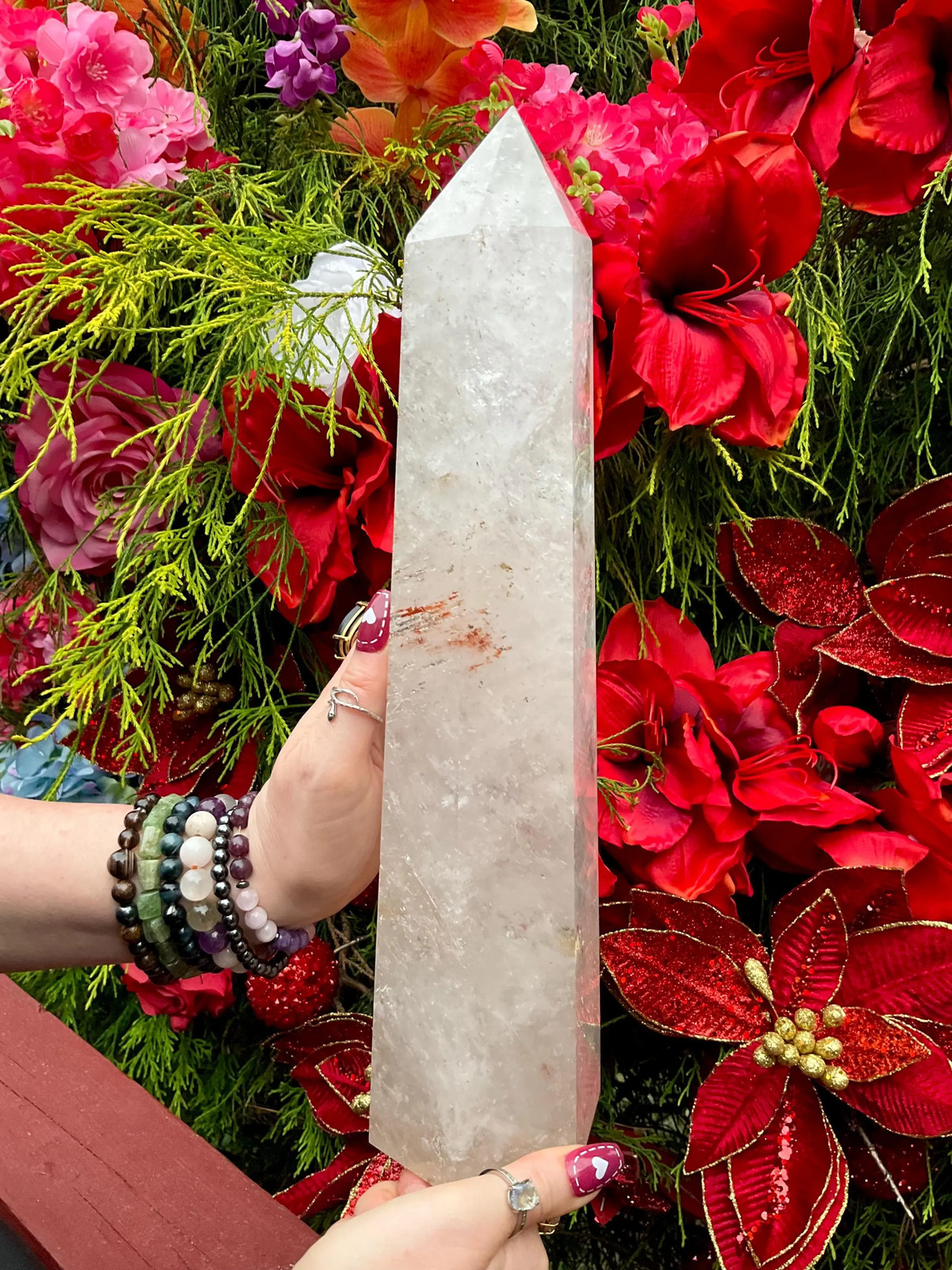 Clear Quartz Crystal Generator ~ Large 7 lb. 9 oz. ~ 14″ Tall ~ Red Phantom Spa