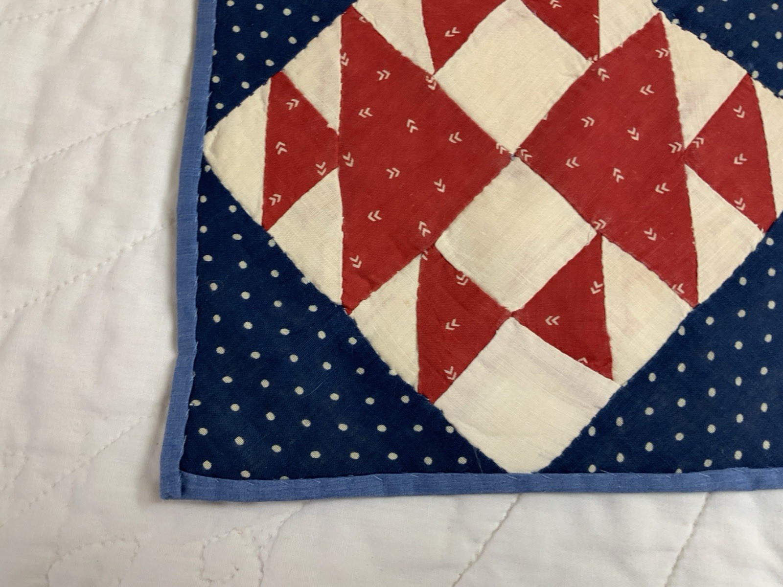 Antique Vintage Patchwork Quilt Table Topper, Four Patch W/ Triangles, Red, Navy