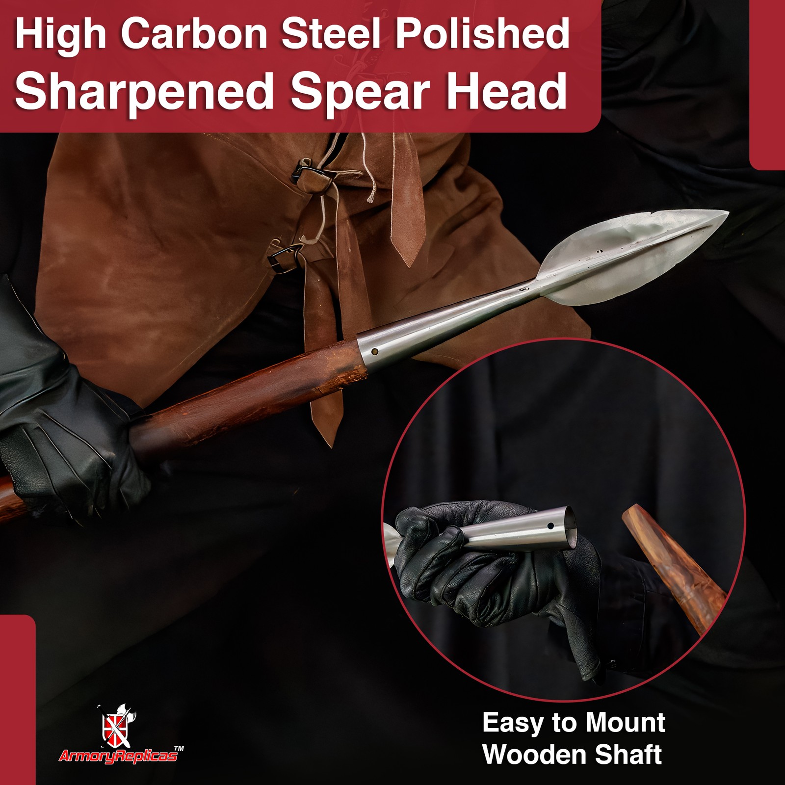 Medieval Warrior Functional Aella Leaf Shaped War Spear Point Head Carbon Steel