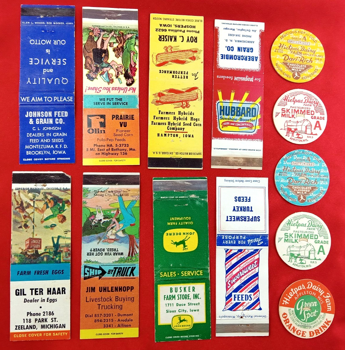 VTG 1940s-50s FARM-SEED-EGGS- MILK-MATCHBOOK COVERS & VTG DAIRY MILK COVER CAPS