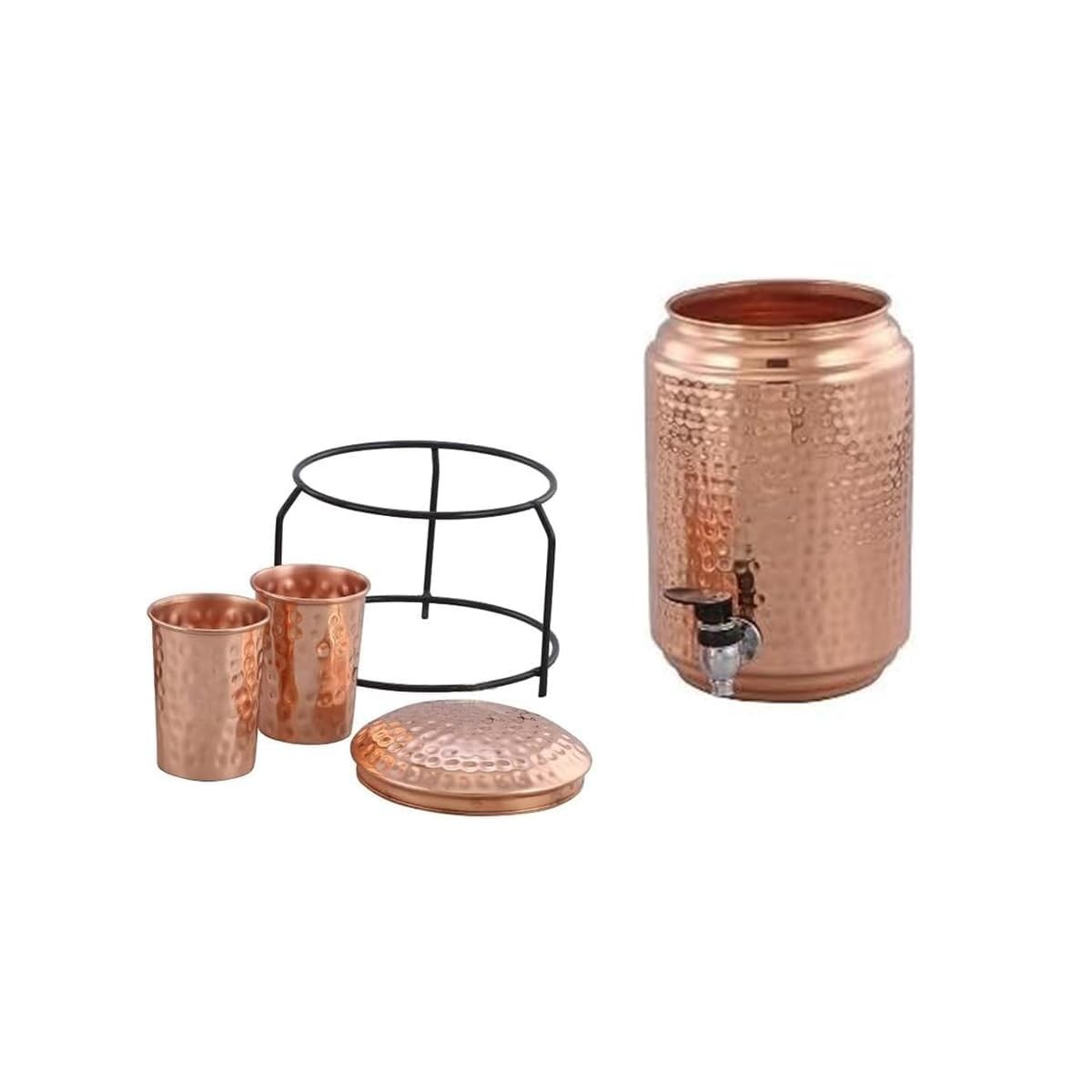 100% Copper Water pot (Matka) Hammered Container Pot 5 Ltr with Stand & 2 Glass