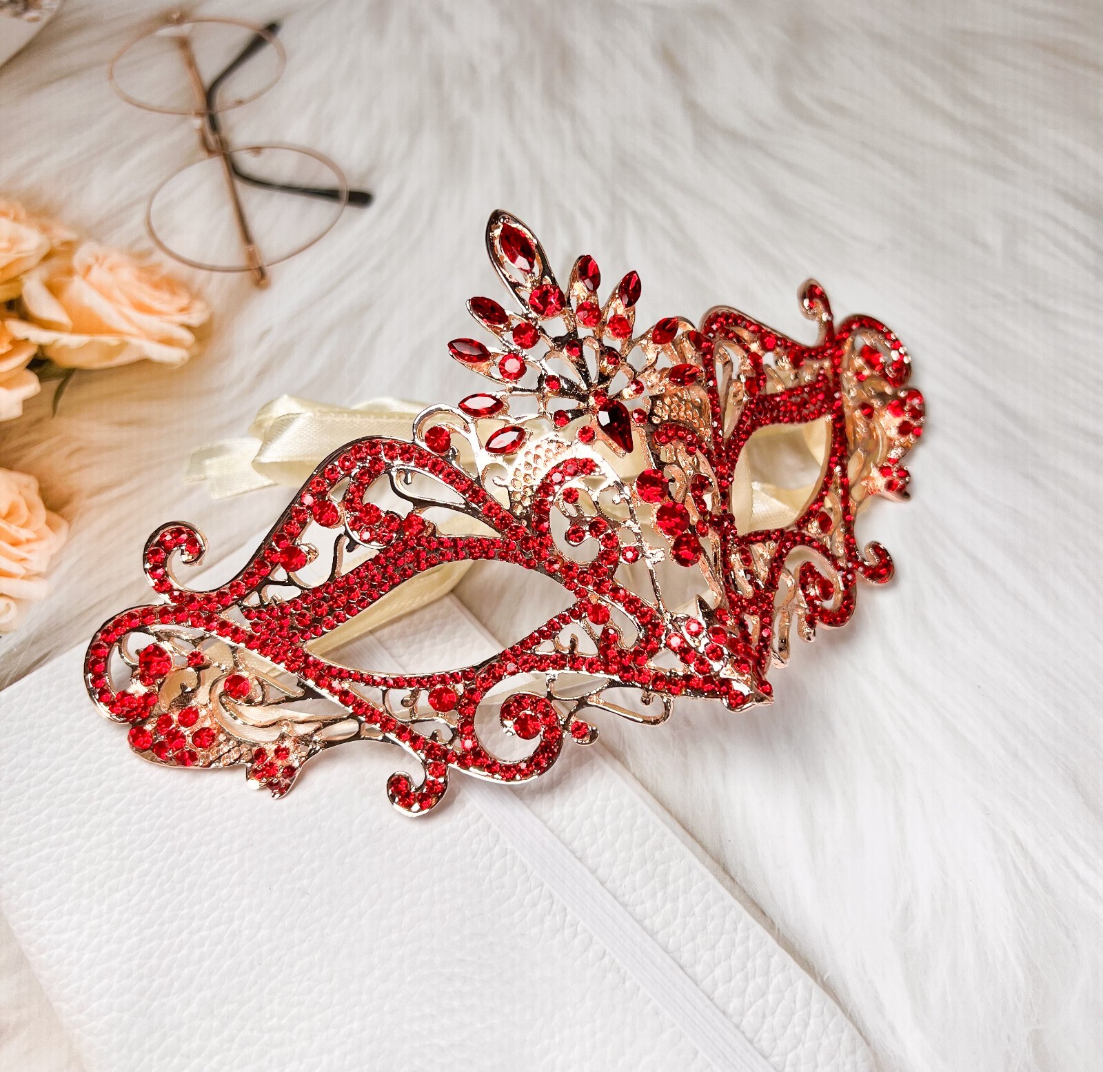 Masquerade Mask Luxury Ruby Red Crystal, Rhinestone Eye Mask, Elegant Party Mask