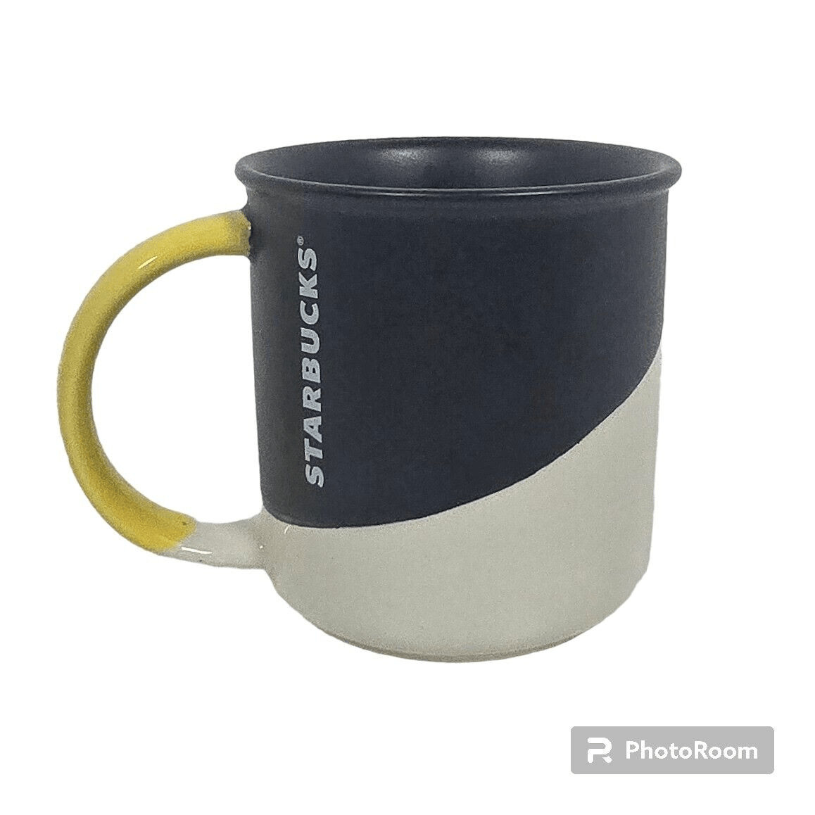 Starbucks Matte Black White Angle Dipped Yellow Handle Coffee Mug 12 oz 2017