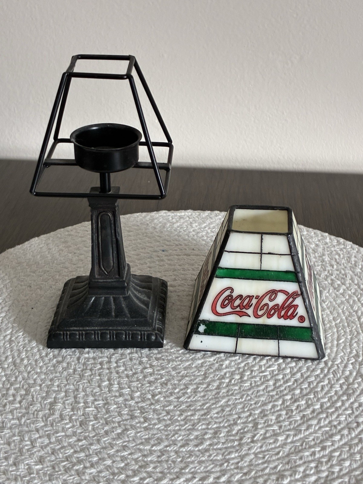 Coca-Cola Soda Theme Table Lamp Stained Glass Style Shade, Black Base