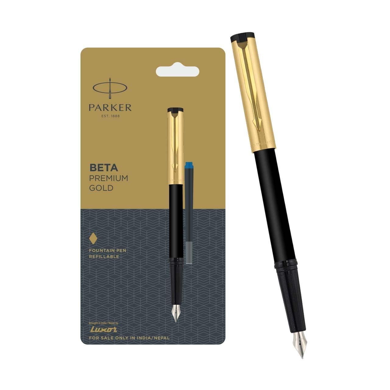 Parker Beta Premium Gold Trim Fountain Pen with 1 Ink Cartridge Ink Color – Blue