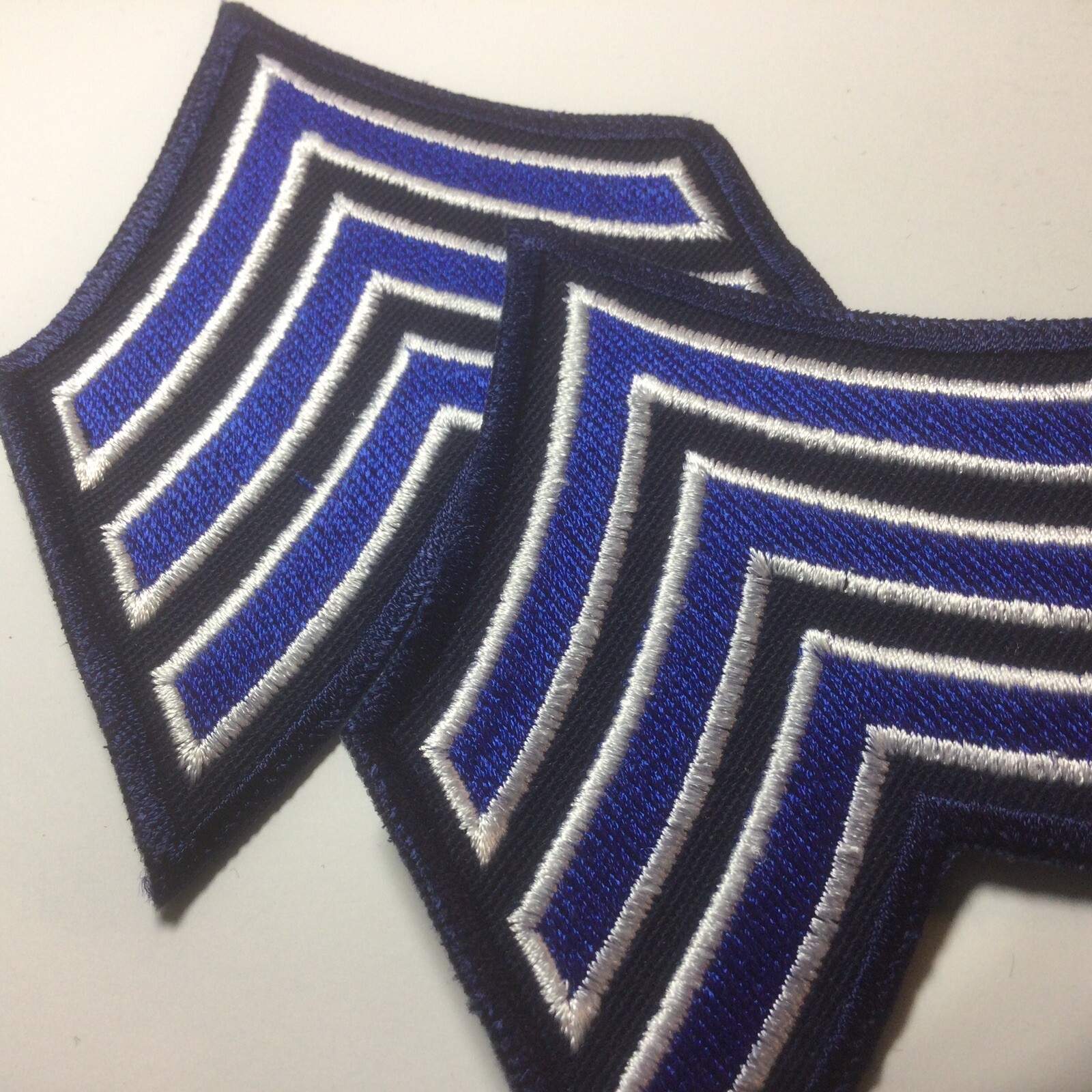 (2) Sergeant Chevron – 3″ Wide – 3 White/Royal Stripes on Dk Navy (Navy Border)