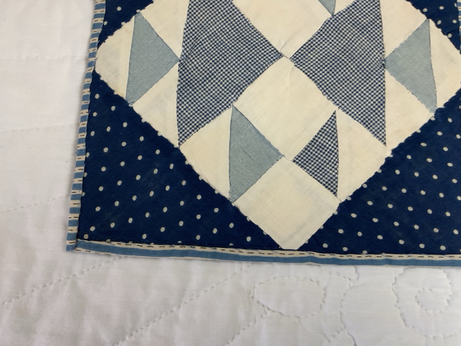 Antique Vintage Patchwork Quilt Table Topper, Four Patch W/ Triangles, Blue