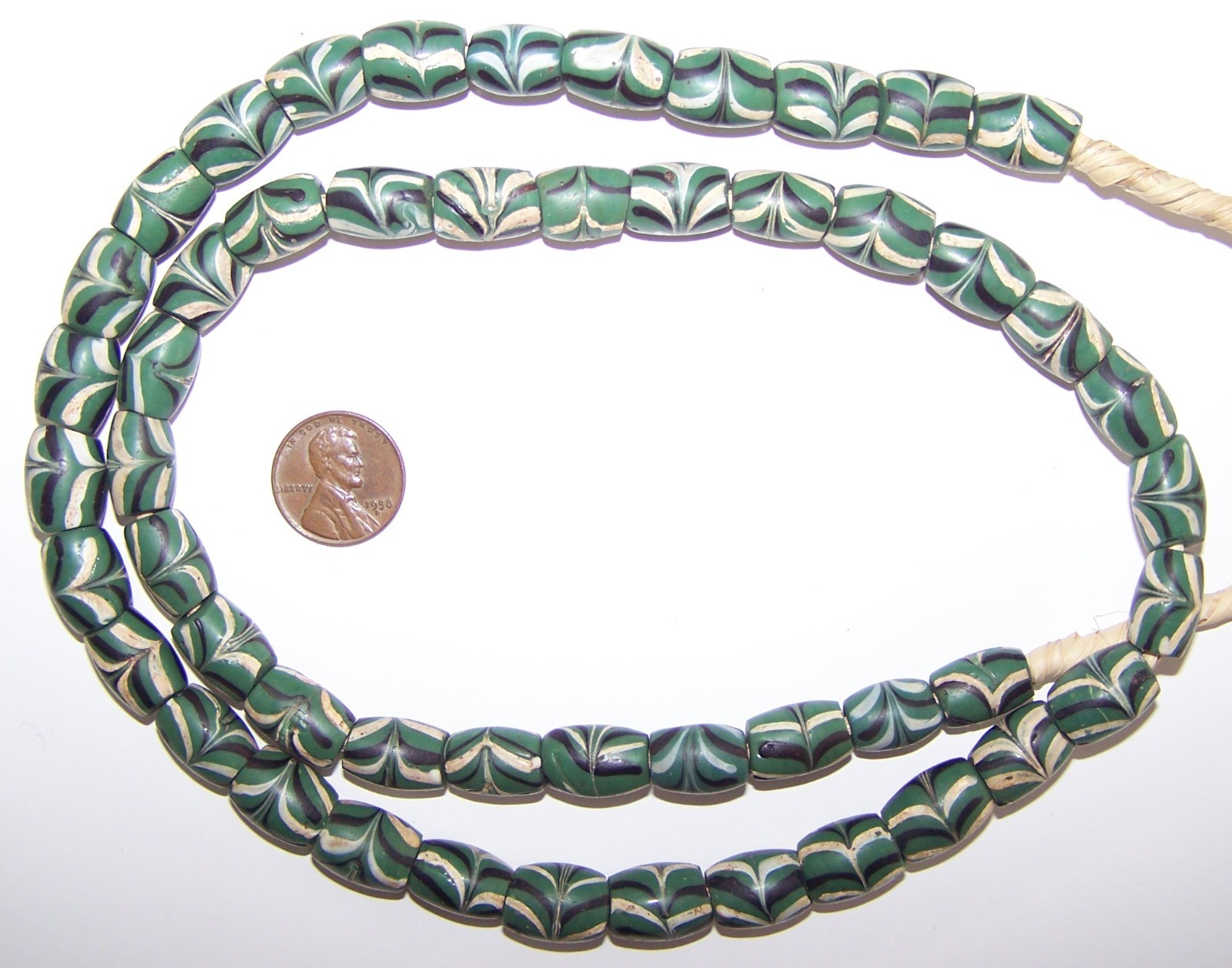 Antique Venetian Trade Beads – Strand Green with White & Black Feather Barrels