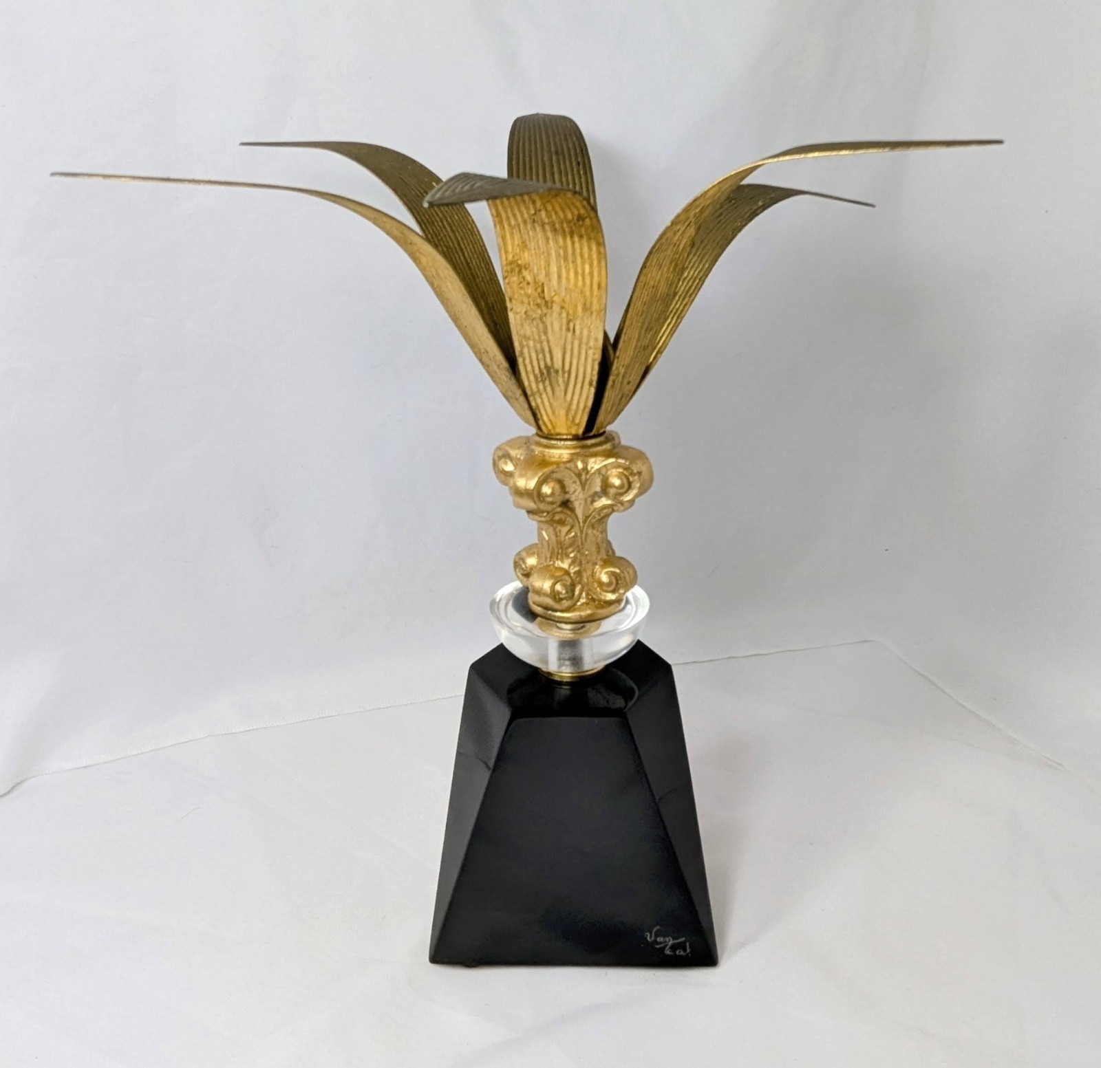Signed Van Teal Lucite & Gilt Metal Palm Leaf Sculpture On Black Pyramid Base
