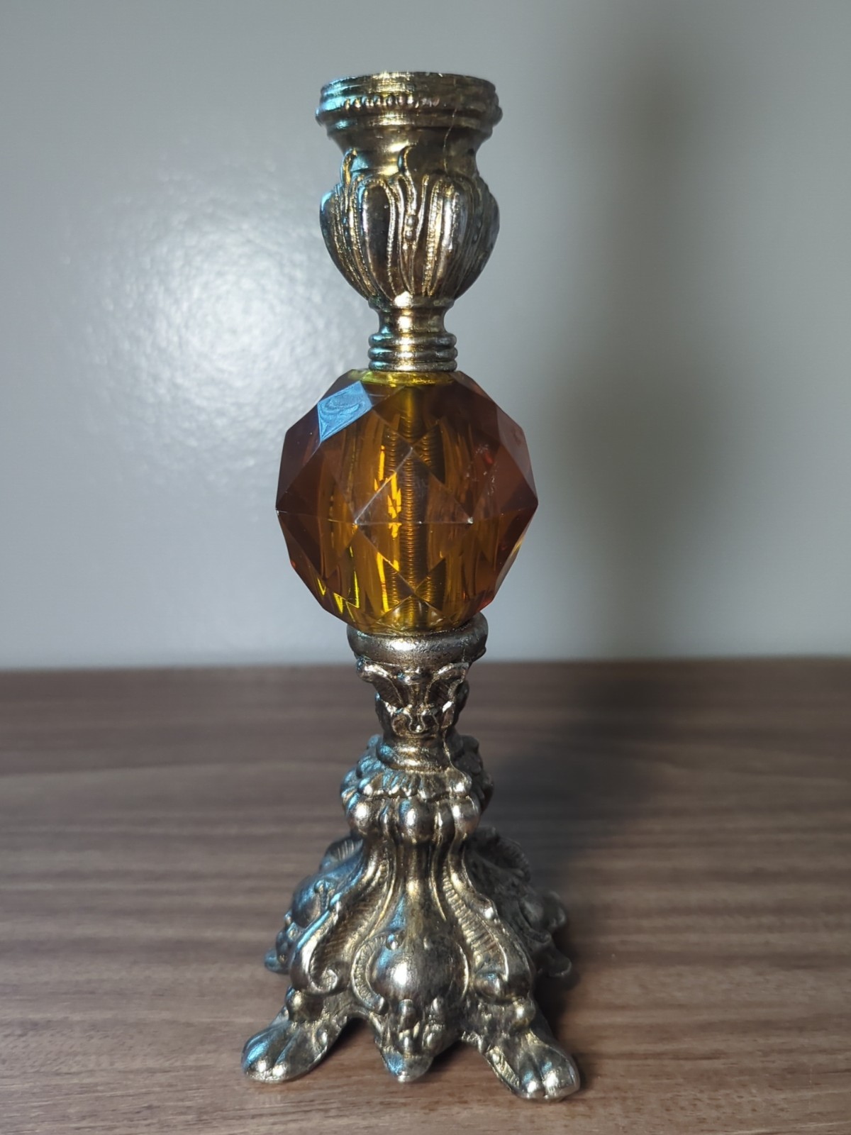 Vintage Candle Stick Holder Amber Lucite Metal Hollywood Regency Gorgeous Piece