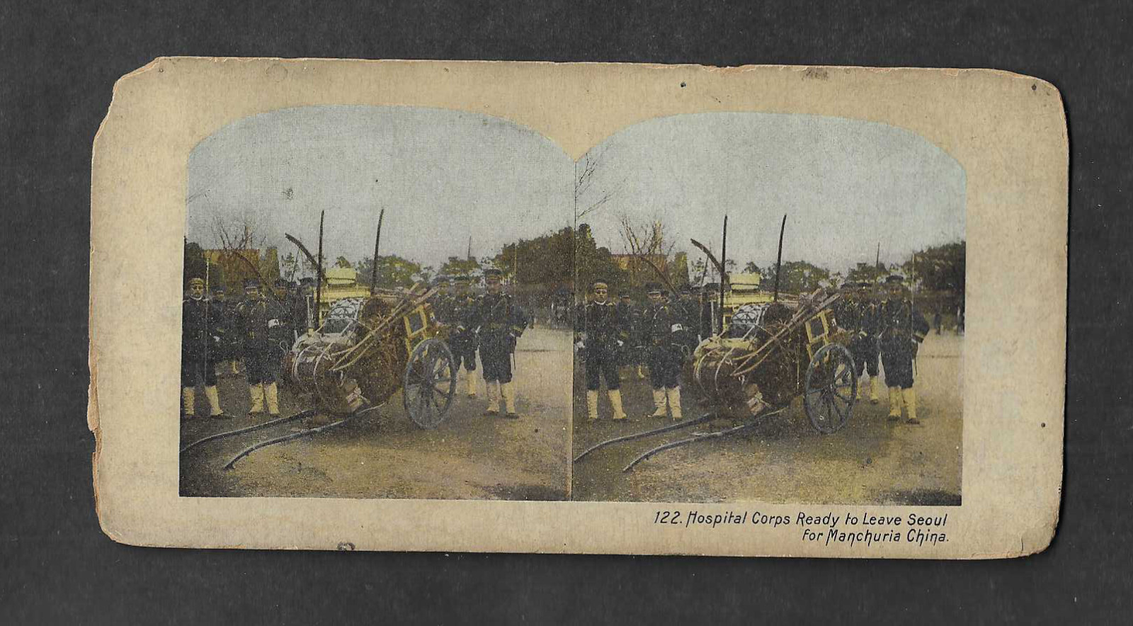 vintage Stereoview card Hospital Corps Ready to Leave Seoul For Manchuria China