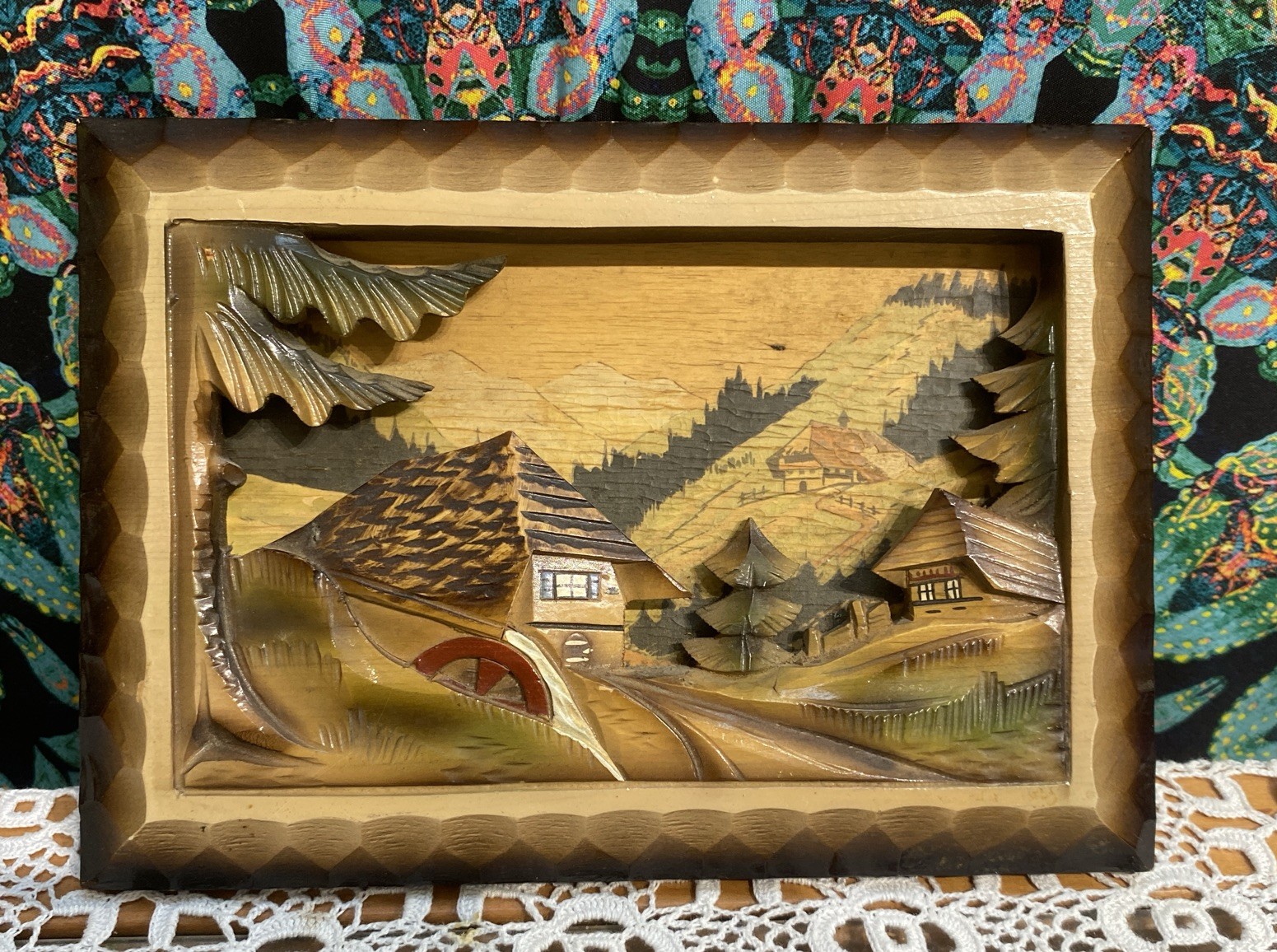 1950s 3D Art PICTURE Japan Mount Fuji House Handmade 8 1/2″ X 9″