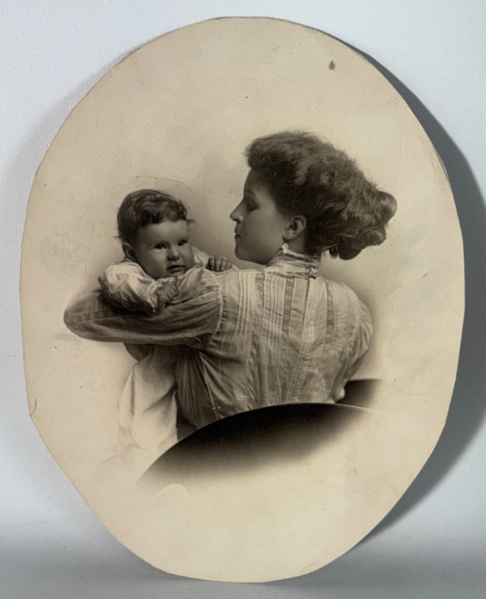 Antique Victorian Edwardian Mother Holding Baby Oval Cut Studio Photo c1900