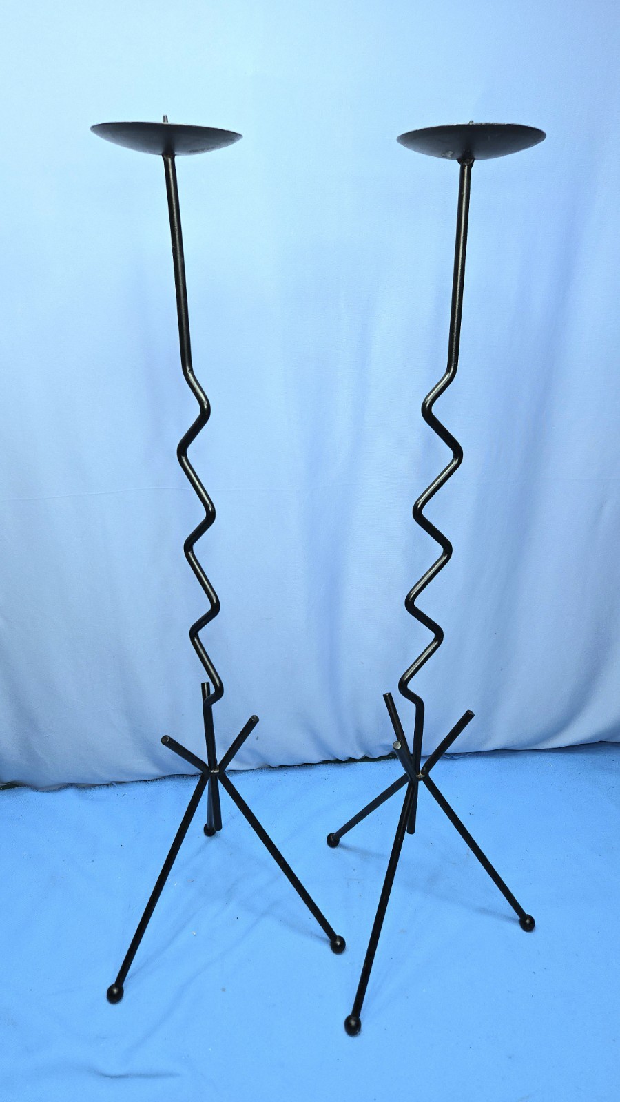 Pair 30″Postmodern Sculptural Floor Zigzag Squiggle Memphis Modern Candle Holder
