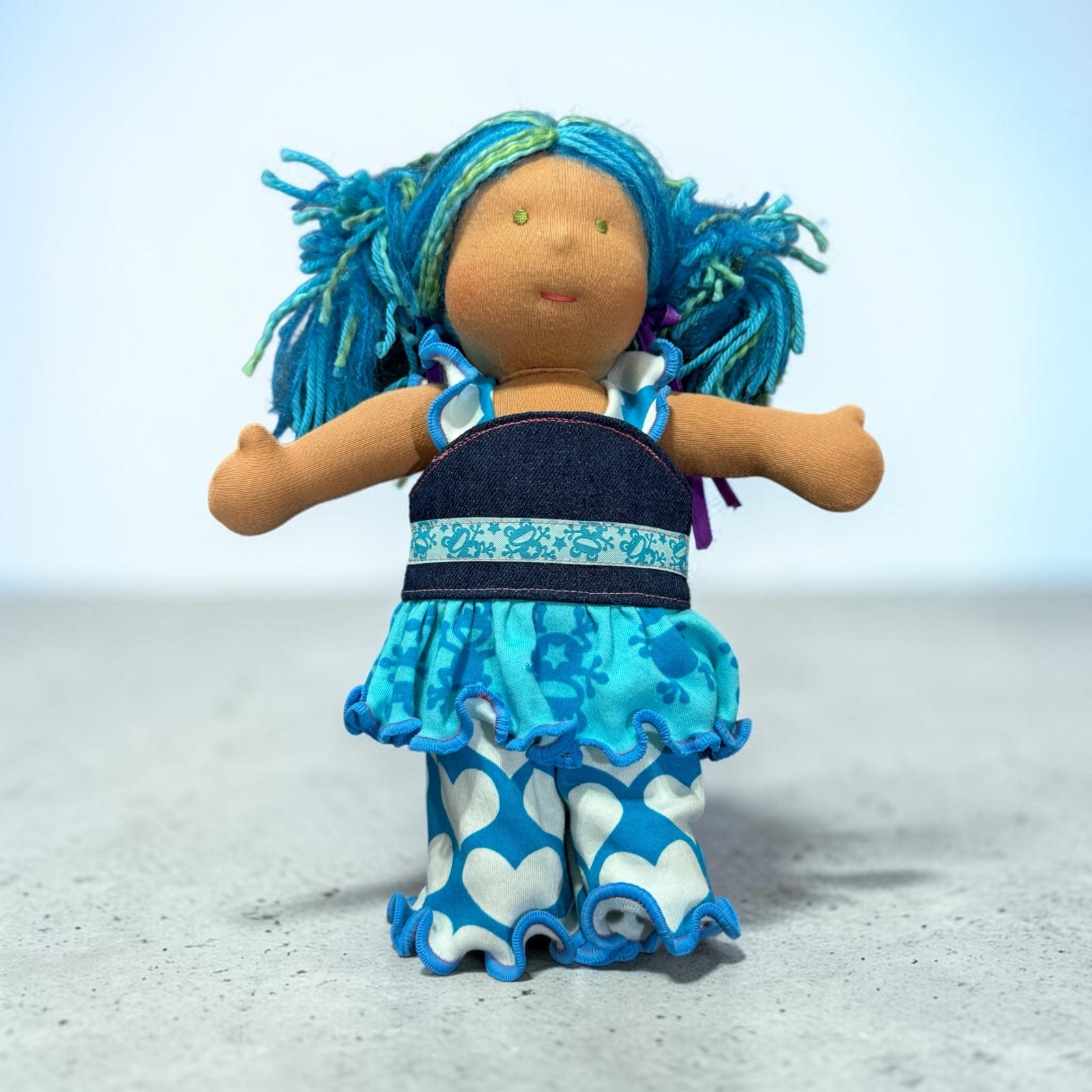 Waldorf yarn blue hair with blue dress doll handmade 10″
