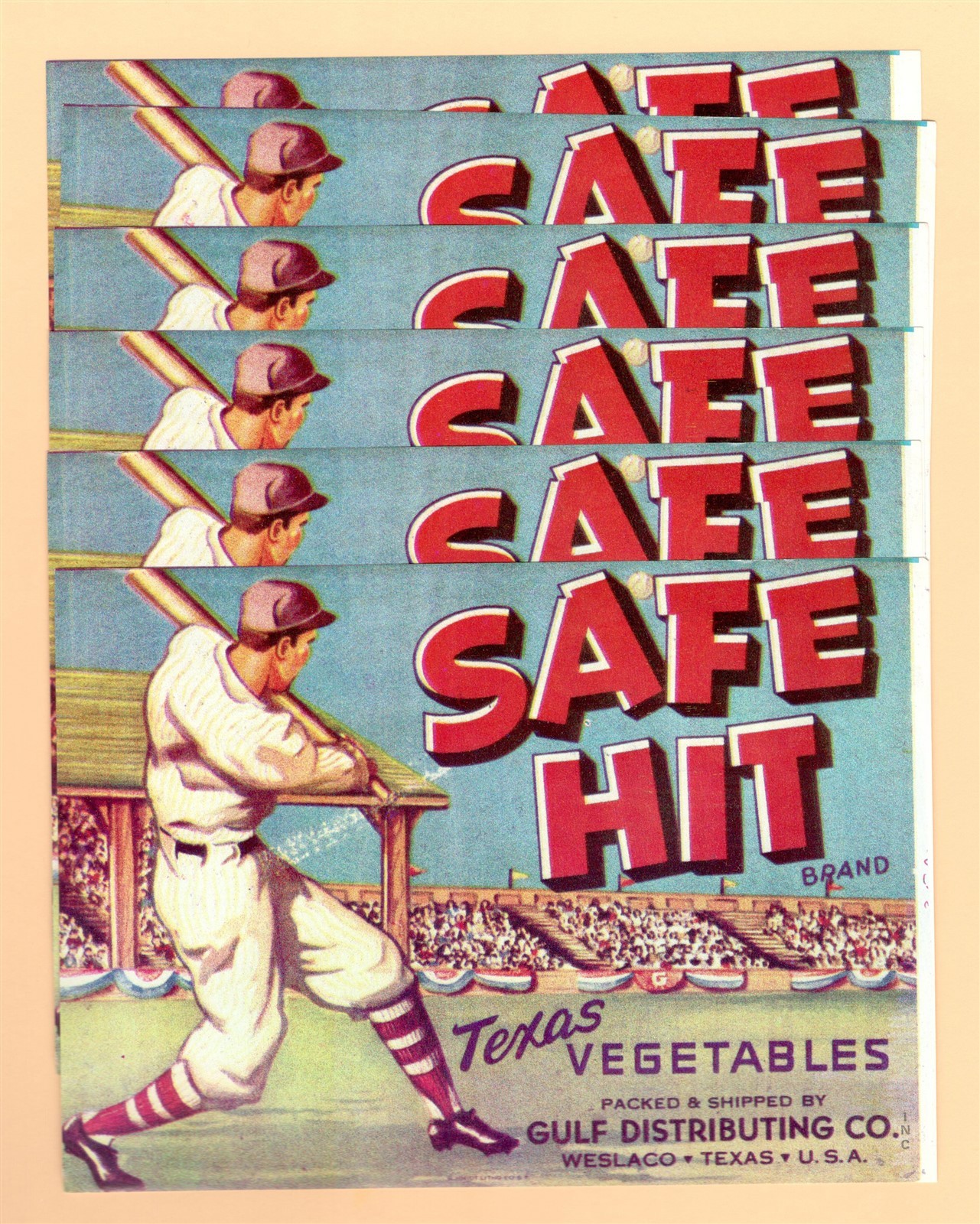 SAFE HIT VEGETABLES { BASEBALL PLAYER } x 6 UNUSED CRATE LABELS LARGE 5″ X 7″
