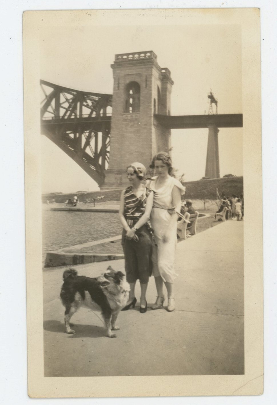Vintage Snapshot Photo Pretty Ladies Lovers Collie Dog Bridge Water Scenic 1930s