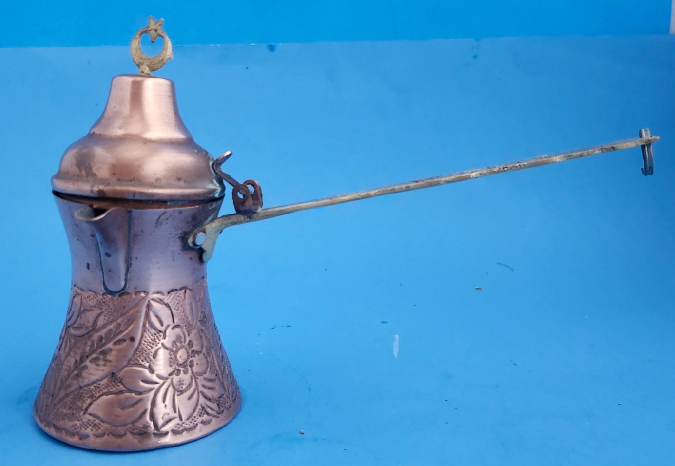 VINTAGE Turkish Coffee Pot w/Flip Lid Handmade Hammered Copper Brass Handle 6″