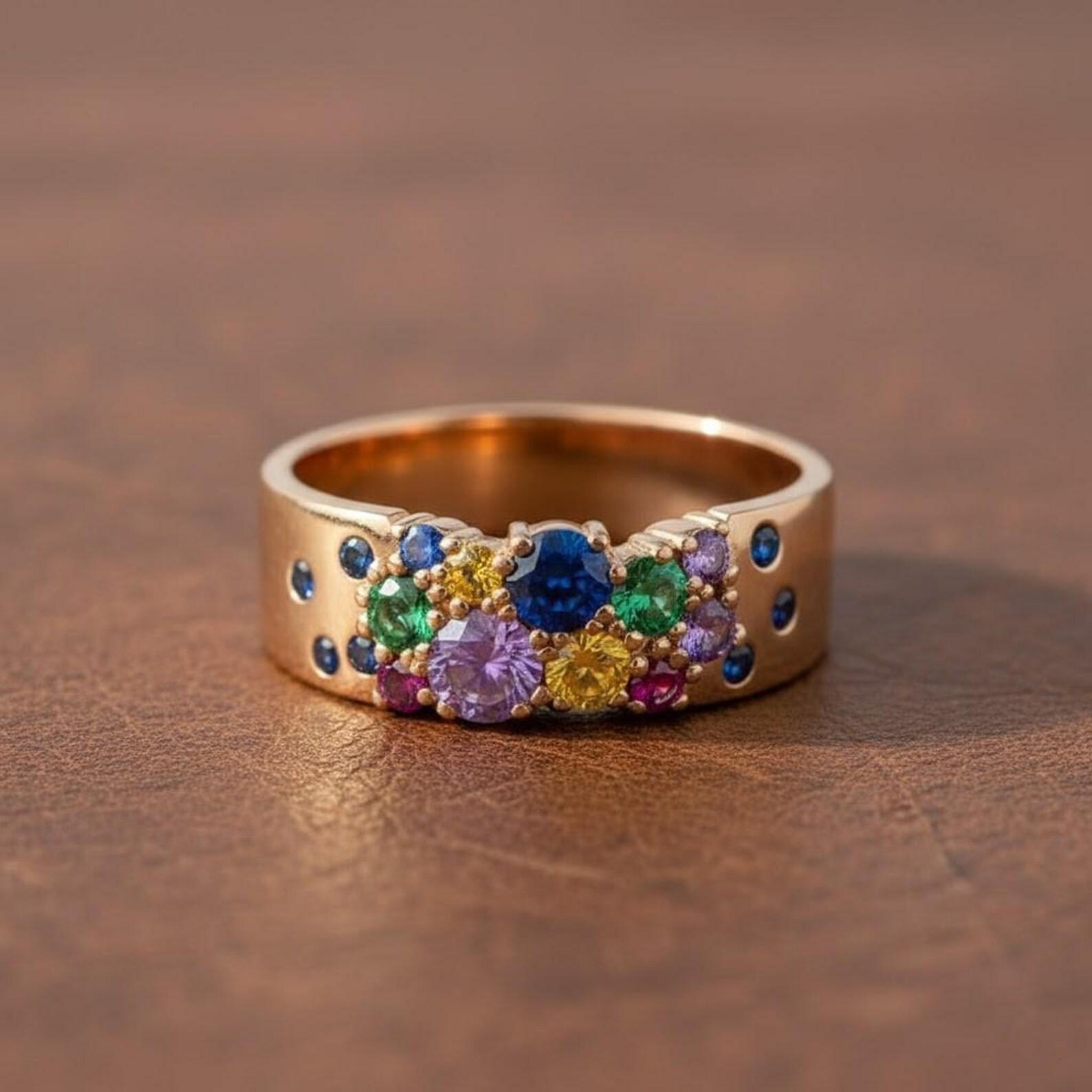 Flush Setting Scattered Multi-Gemstone 18K Yellow Gold Over Celestial Band Ring