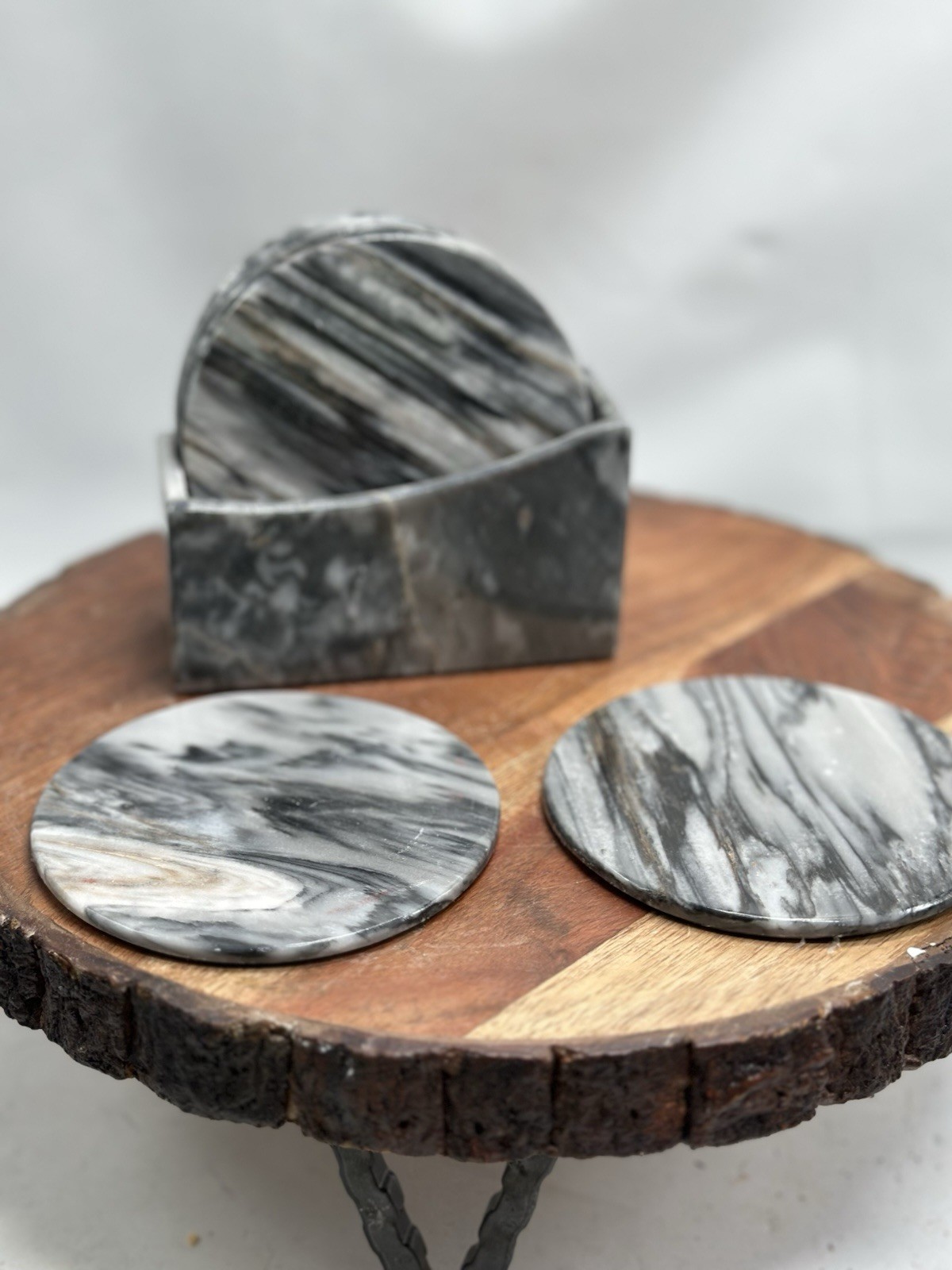 Vintage Natural Stone Black Gray Marble Round Alabaster Coaster Set With Holder