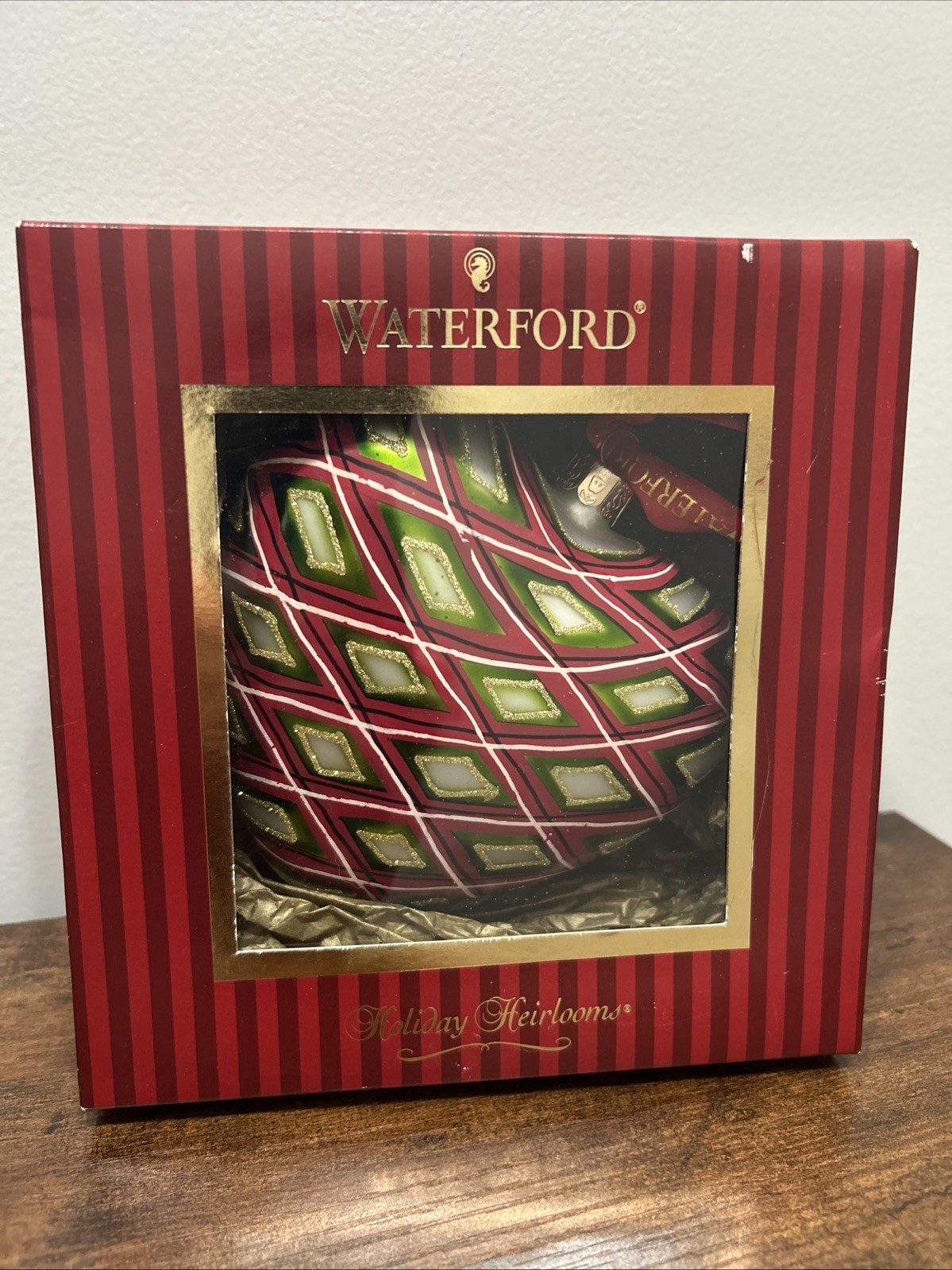 Waterford Holiday Heirlooms Red Plaid Heart Glass Christmas Ornament