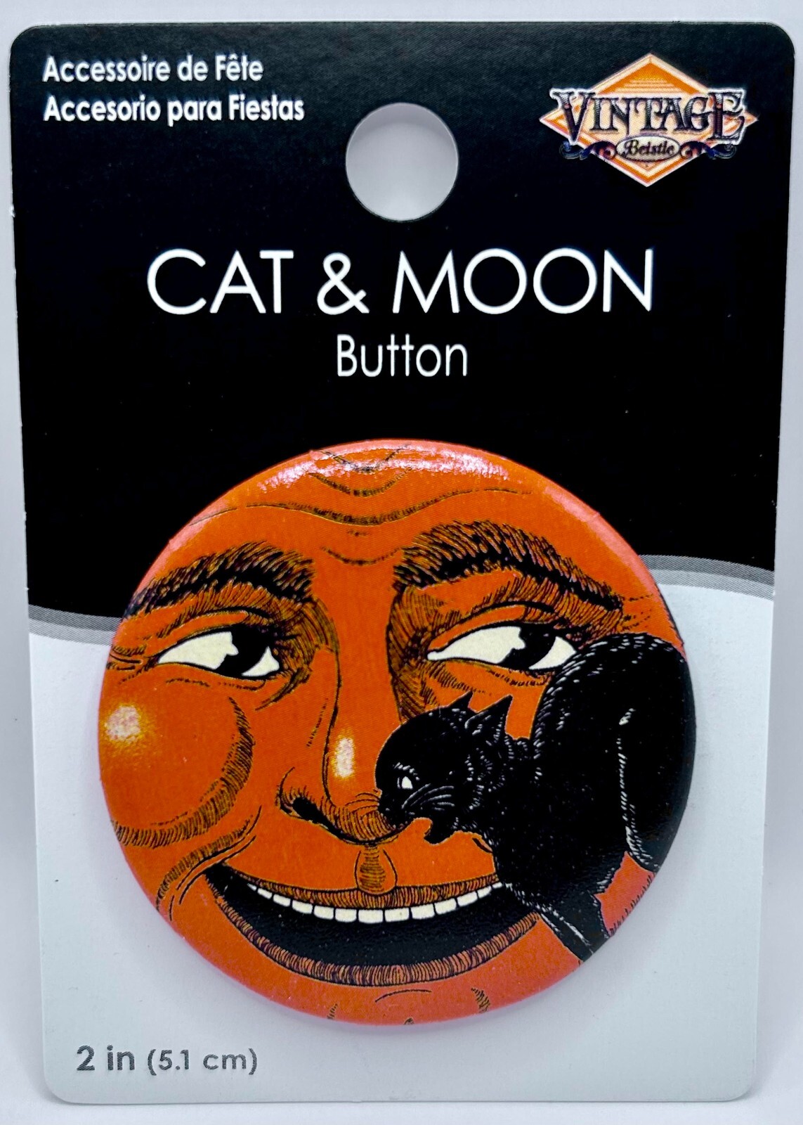 Beistle Vintage Style Halloween_ 2″ Button_ Pin Back_ Cat & Moon _ Oh What Fun