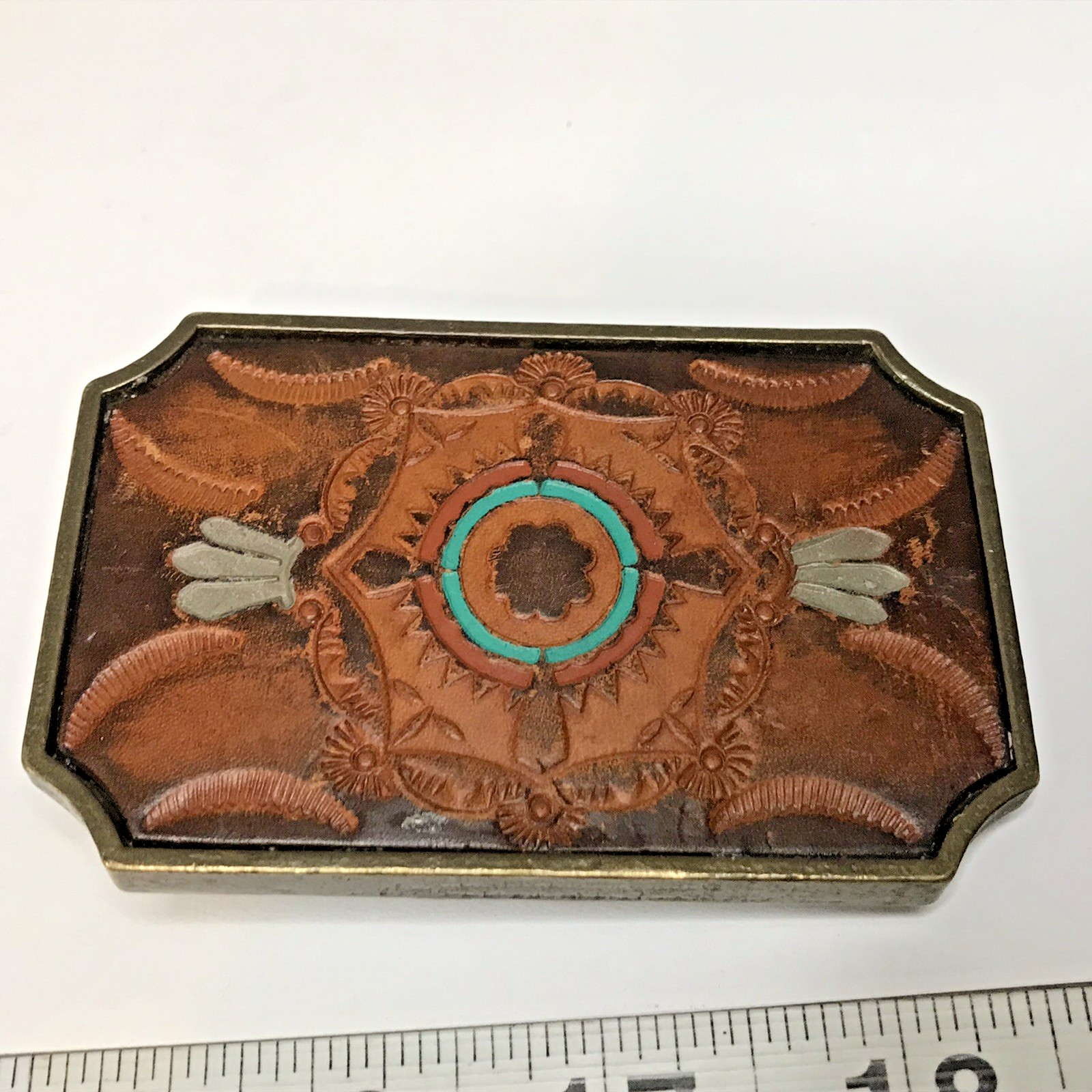Vintage BTS Solid Brass & Leather Tooled Western Belt Buckle Made In USA (Z77)