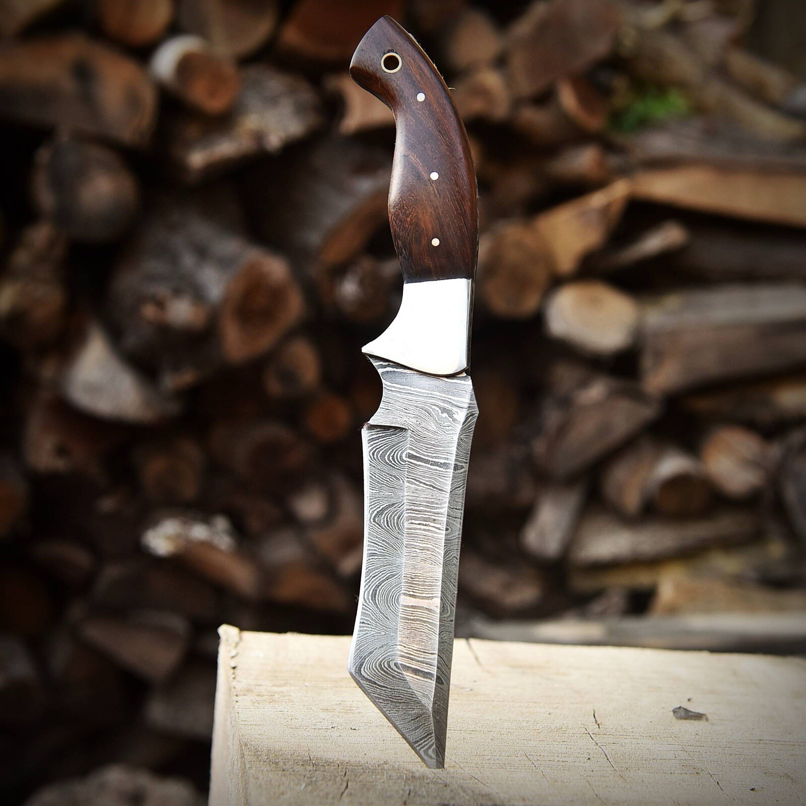 10” Custom Handmade Damascus Steel Hunting Knife Wood Handle-Tanto Blade