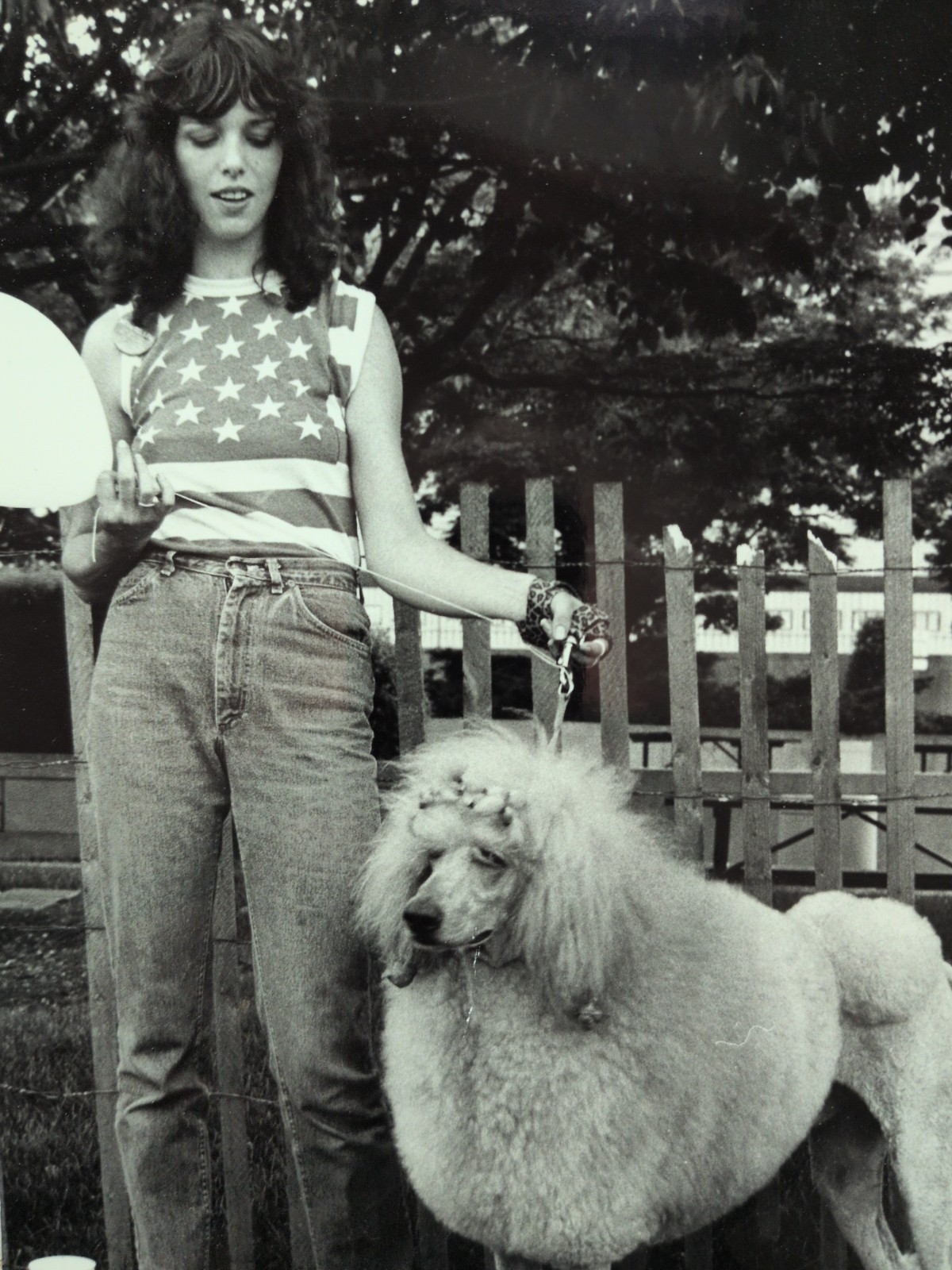 Young Woman with Poodle Dog, American Flag 1970s B&W Vintage Photo Americana
