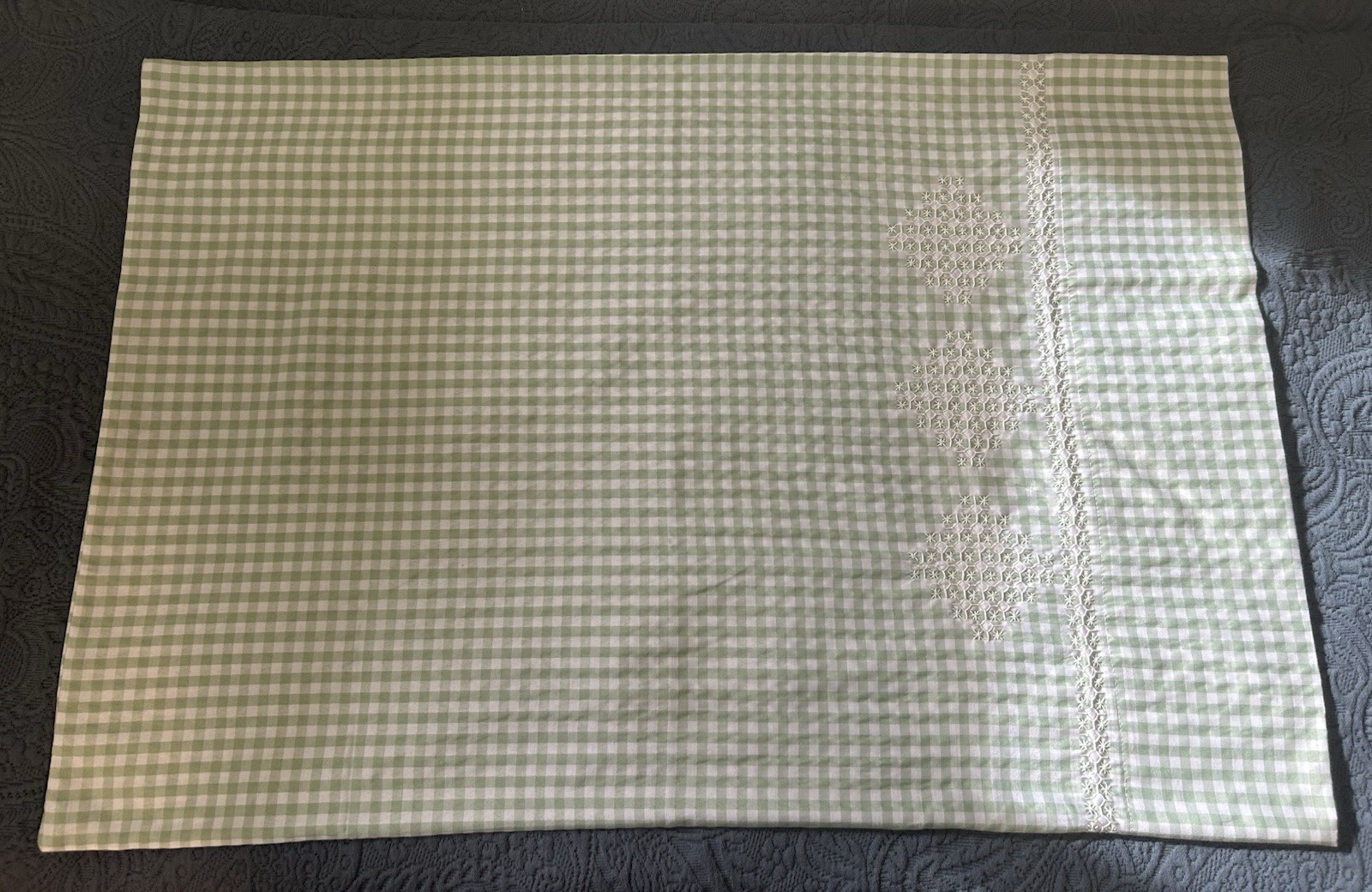Single Pillowcase Sage Gingham Hand Embroidered Polyester/Cotton Blend NWOT