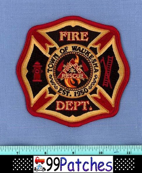 WAUKESHA WISCONSIN Fire Rescue EMS EMT Shoulder Patch HYDRANT LADDER FLAMES 7D