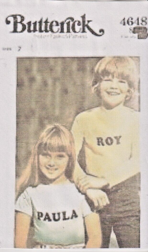 4648 BUTTERICK c.1970s – T SHIRT w Black Iron on Letter – UNISEX Child Sz 12
