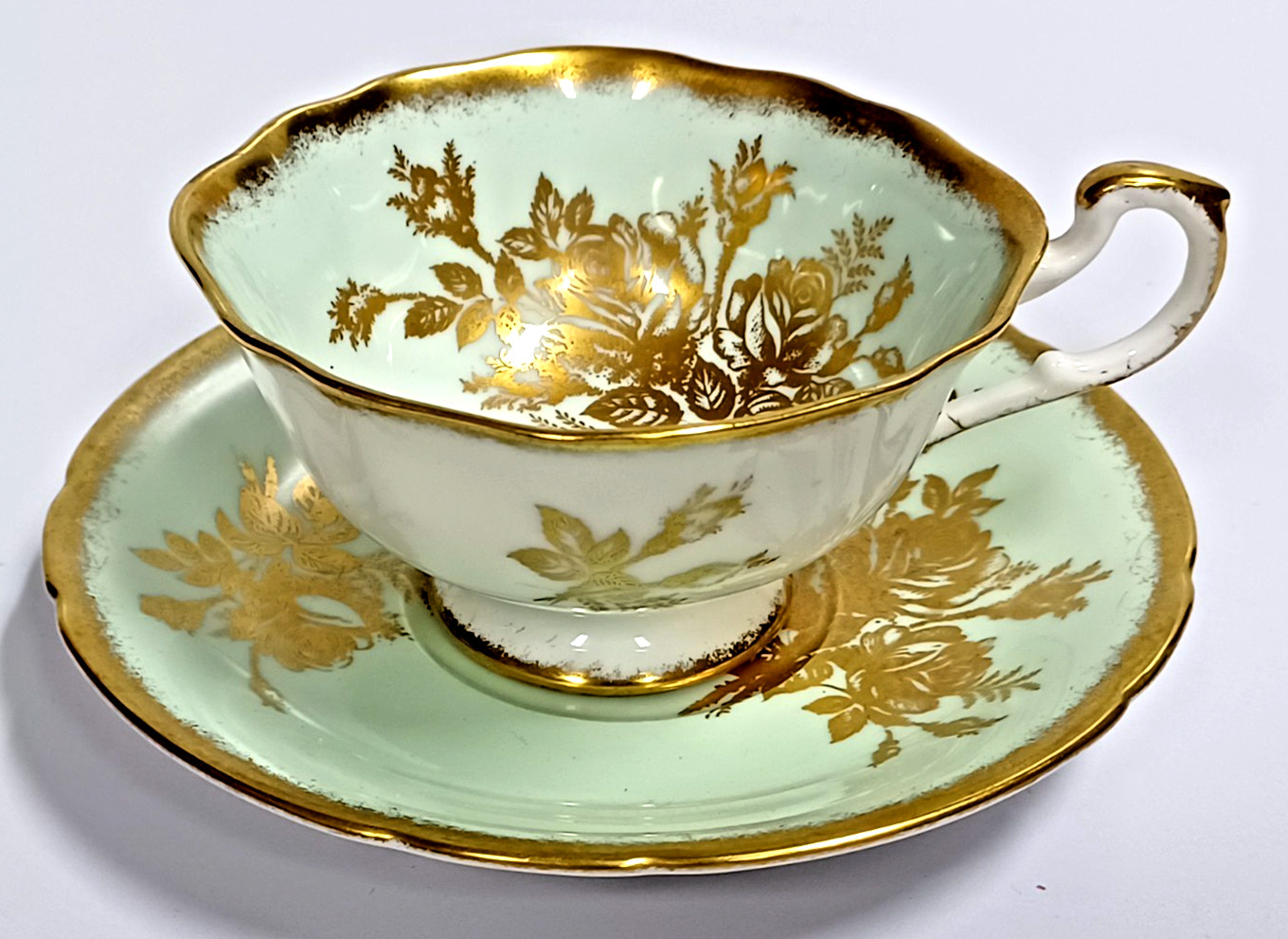Vintage Paragon Gold and Mint Green Tea Cup & Saucer Crafted in England