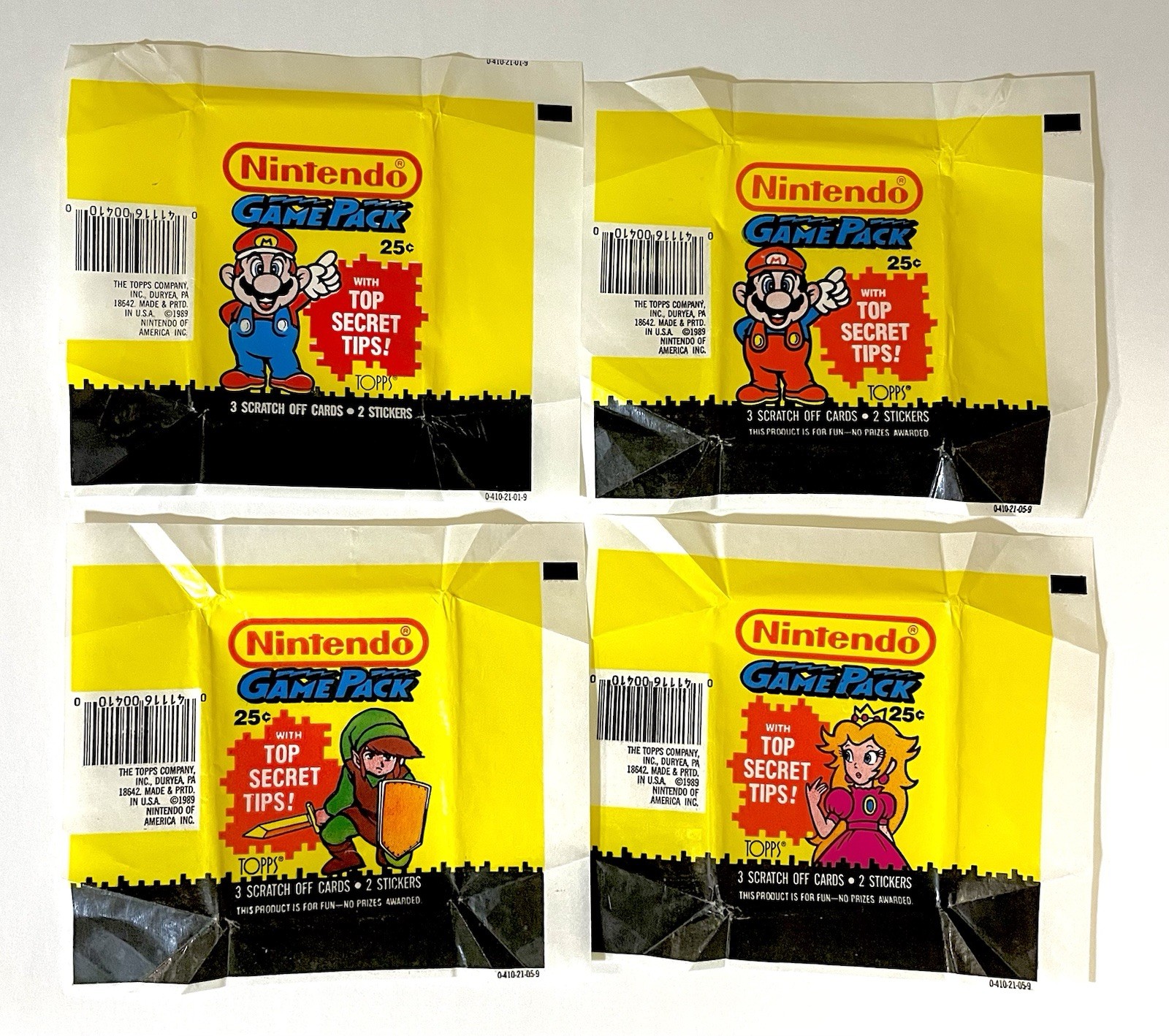 1989 Topps Nintendo Game Pack 4 Wax Wrapper Set: Red & Blue Mario, Link, Peach
