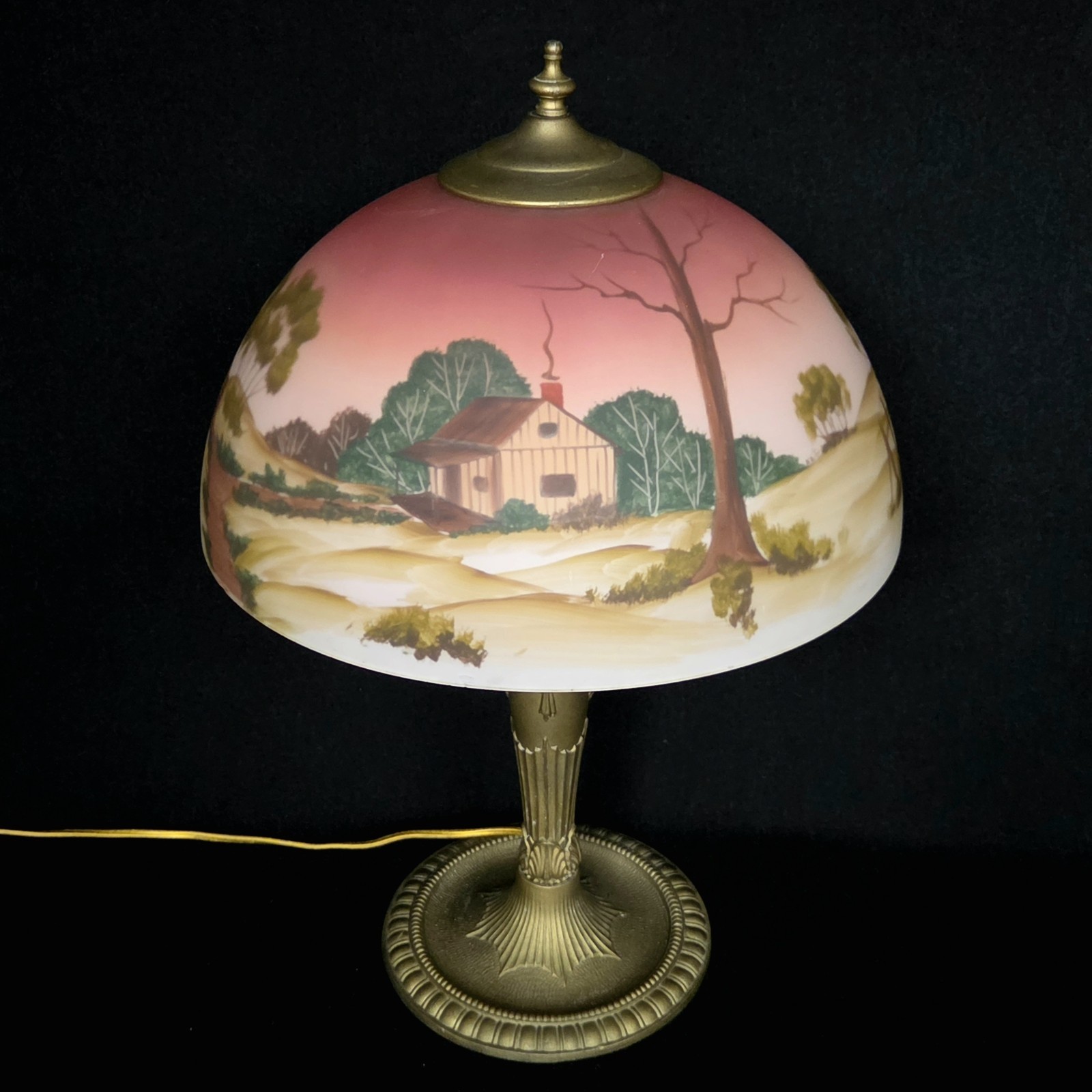 Antique Lamp Reverse-Painted Scenic Country Landscape Shade Bronze Base 21″