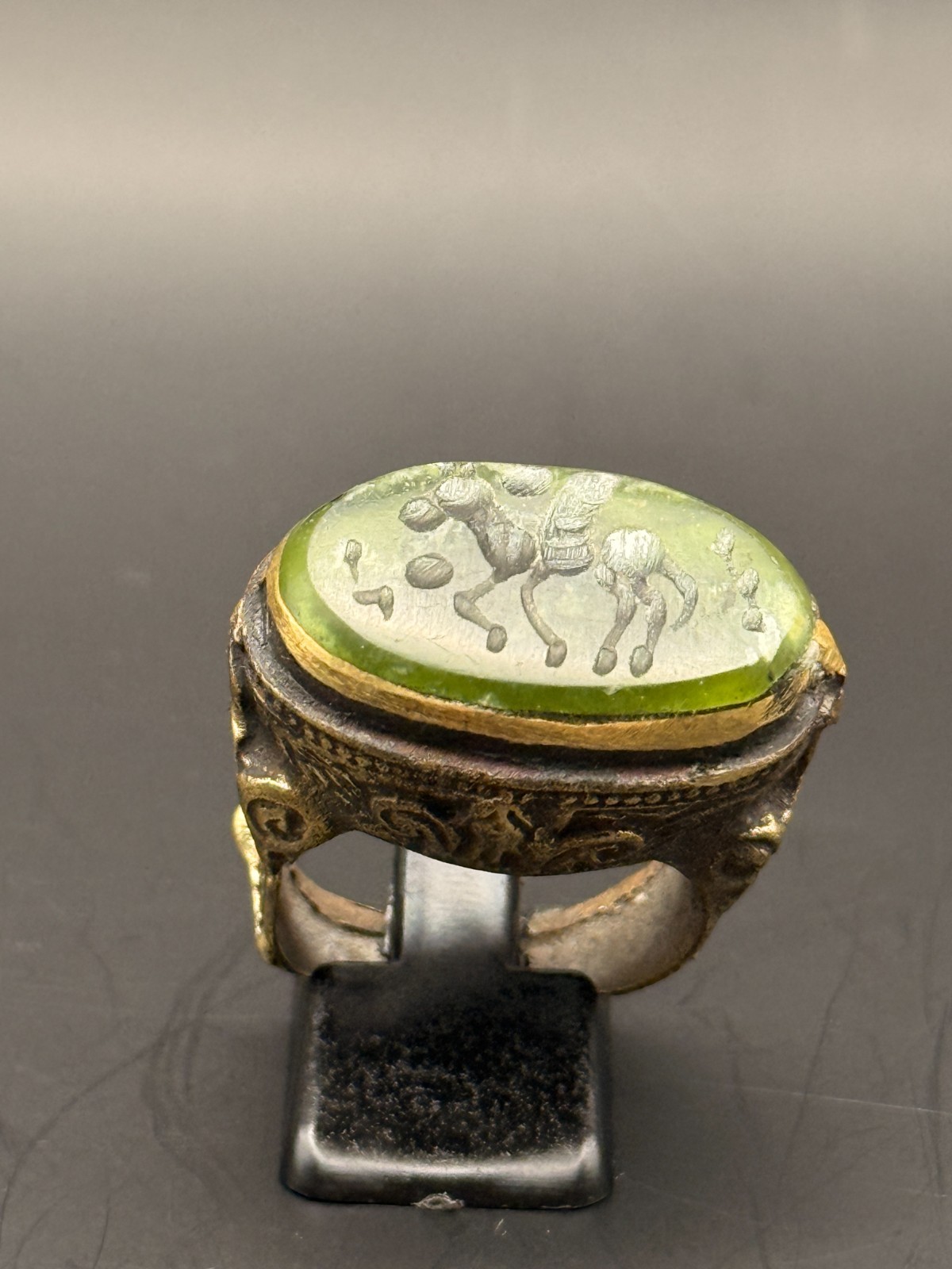 Ancient Roman Intaglio Ring Bronze Engraved Intaglio Ancient Green Jade Ring